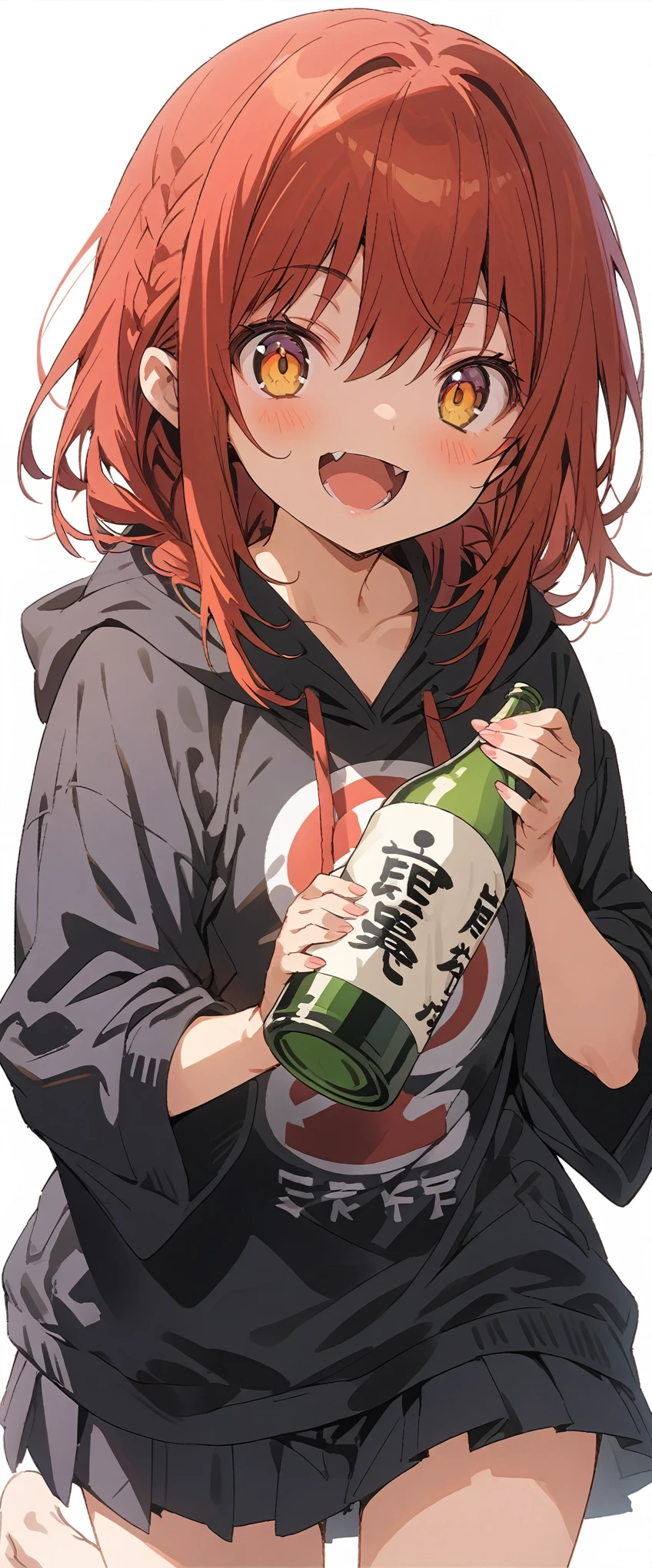 Solid white background、white background、Blank background、Ultra-high resolution, highest quality,Solo,One young girl、Full body view from the front、fish-bone braid hair、Fishbone Hair、red hair、Holding up a bottle of sake in one hand and looking cheerful、beautiful detailed eyes、Red hair x yellow eyes、yellow eyes、Blushing、Smile with mouth wide open、plain black hoodie、Black pleated skirt、barefoot