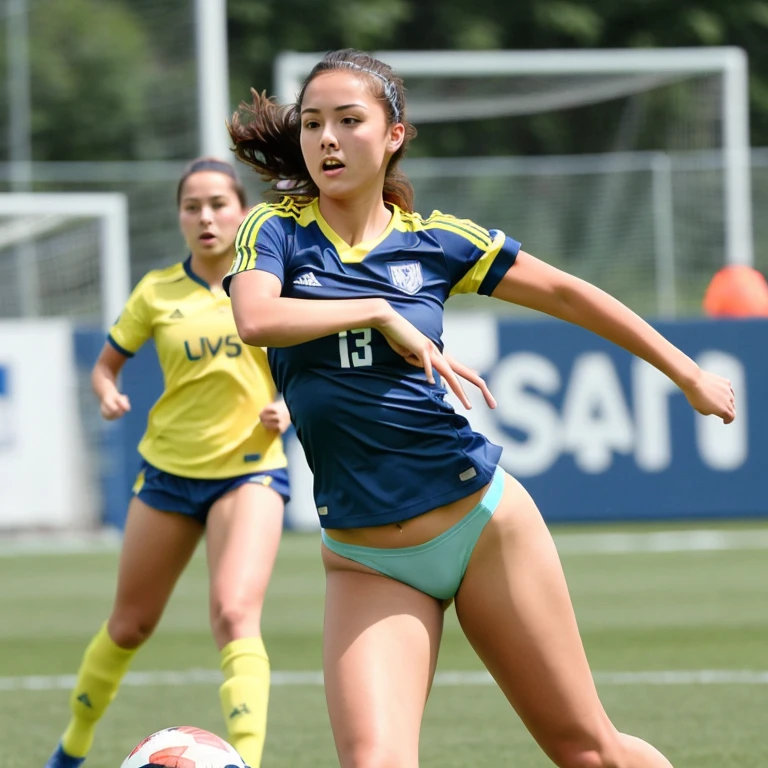 ((best quality)), ((masterpiece)), (detailed), young woman during soccer match, tackle, visible panties