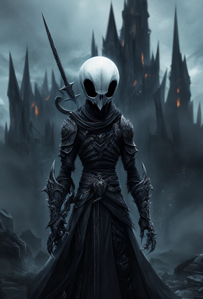 A striking black and white full-body sketch of an enigmatic, ancient Reaper-like creature. The figure has an abstract half-demon skull with fiery blue eyes and wears intricate medieval metal armor and a flowing cloak. The detailed sketch utilizes overlapping lines to create a textured, layered appearance. The Reaper-like creature's intense gaze and menacing sword pose command the viewer's attention, emanating a sense of brooding intensity. The simplistic white background accentuates the creature's dominance in the scene, while the overall atmosphere is dark and conceptual. The sketch exudes a sense of vibrant energy and destructive power, as if the creature is leaving a trail of chaos in its wake., painting, portrait photography, dark fantasy, conceptual art, illustration