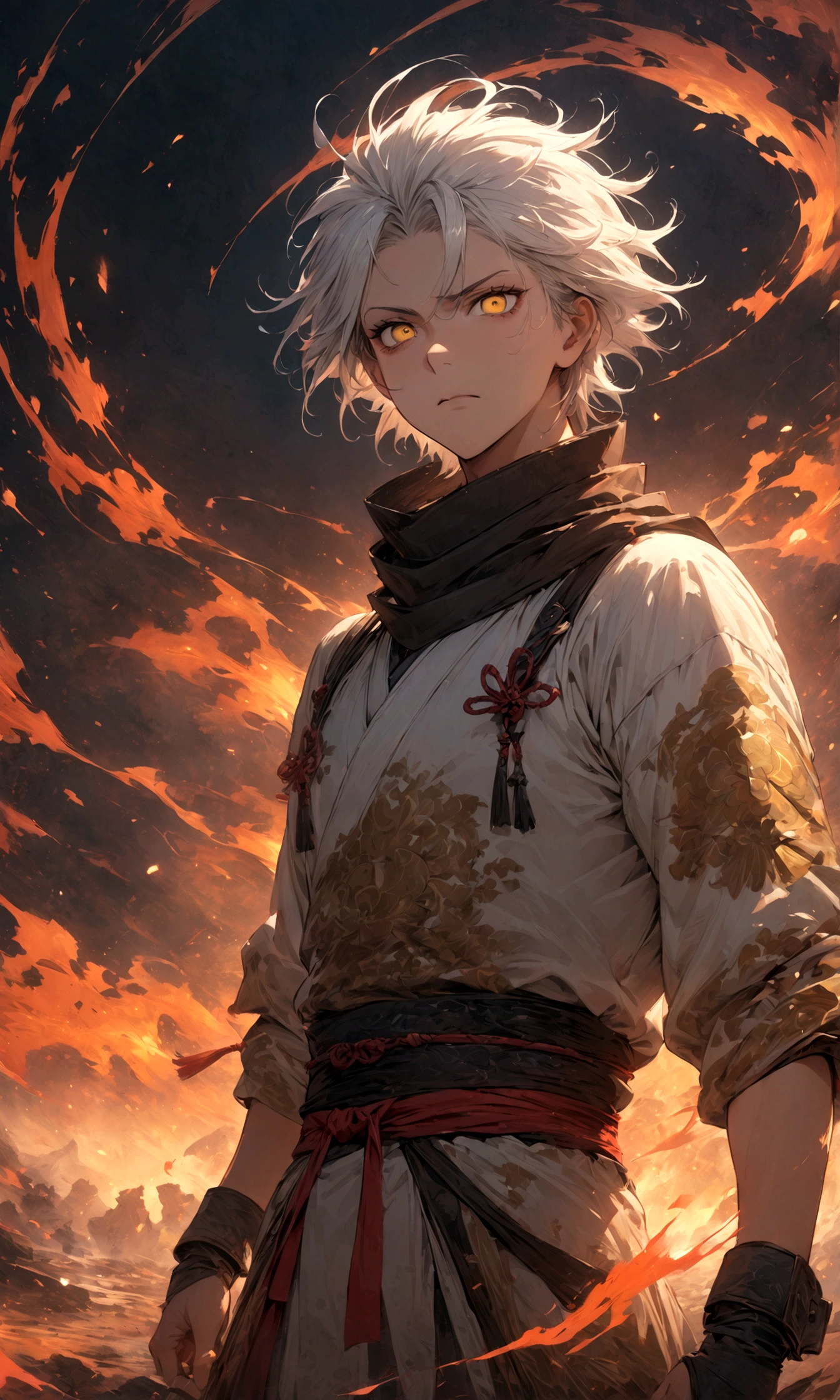 (1 male,gabimaru,Androgynous short hair,white hair,White ninja costume,Gabimaru is a slim androgynous man,(Masculine droopy eyes,Yellow Eyes,Dark circles under the eyes),Listless),Midori Ishida's painting style,Moderate dirt,Intricate details,,Decadent,artwork,rendering,,(masterpiece:1.3),(highest quality:1.4),(Super detailed:1.5),High resolution,Very detailed,unity 8k wallpaper,Dark fantasy,Glare,Fighting Style,BREAK,The ninja outfit that Gabimaru is wearing is white.,The collar and cuffs are black.,BREAK,Draw artistic background,Adding detailed Japanese patterns,Japanese fantasy