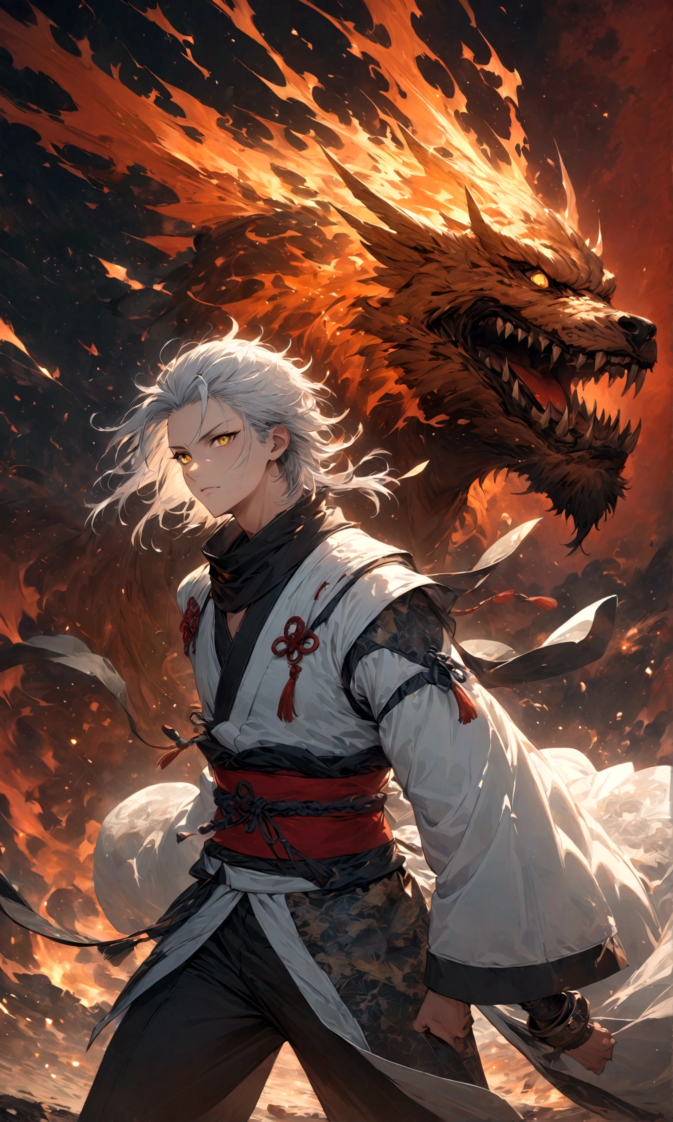 (1 male,gabimaru,Androgynous short hair,white hair,White ninja costume,Gabimaru is a slim androgynous man,(Masculine droopy eyes,Yellow Eyes,Dark circles under the eyes),Listless),Midori Ishida's painting style,Moderate dirt,Intricate details,,Decadent,artwork,rendering,,(masterpiece:1.3),(highest quality:1.4),(Super detailed:1.5),High resolution,Very detailed,unity 8k wallpaper,Dark fantasy,Glare,Fighting Style,BREAK,The ninja outfit that Gabimaru is wearing is white.,The collar and cuffs are black.,BREAK,Draw artistic background,Adding detailed Japanese patterns,Japanese fantasy