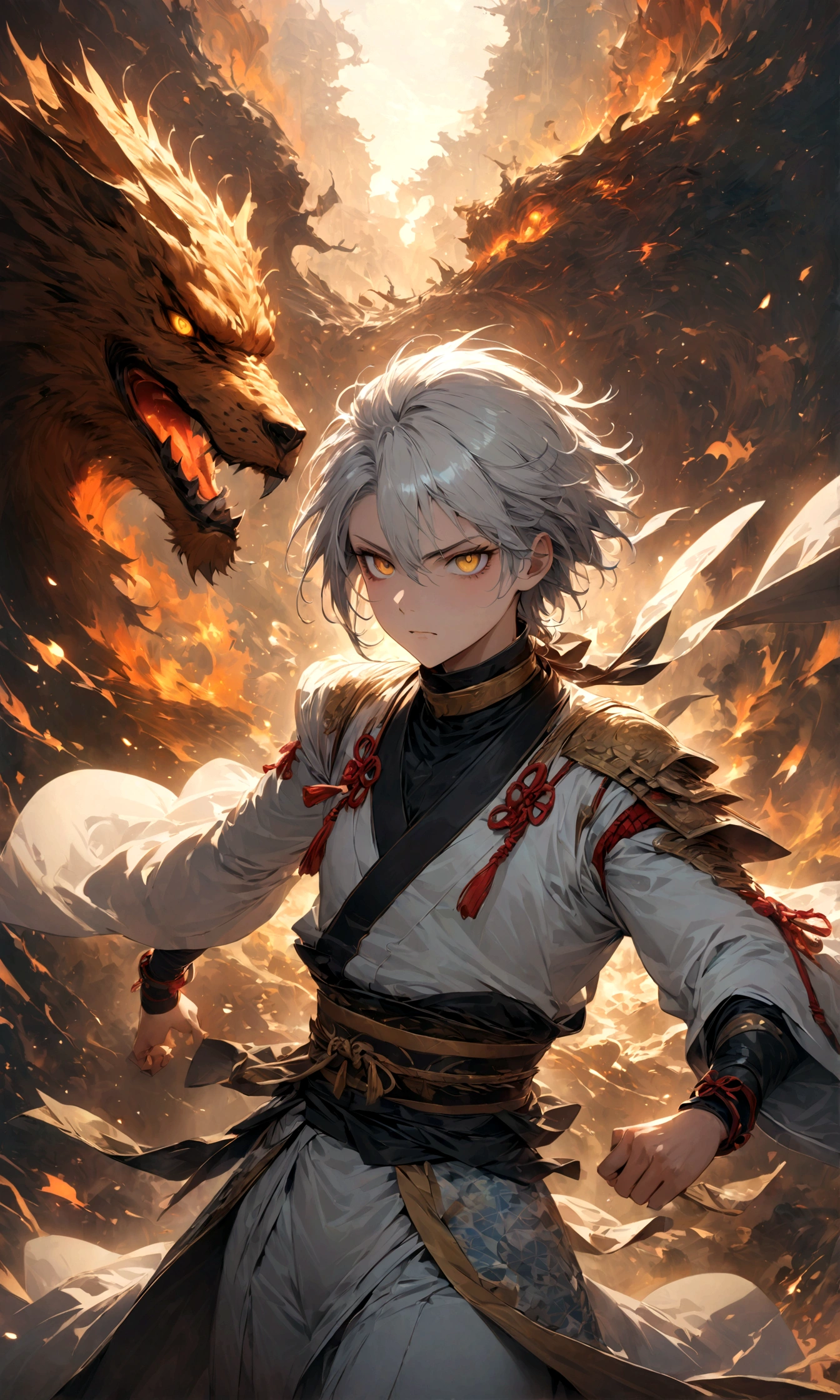 (1 male,gabimaru,Androgynous short hair,white hair,White ninja costume,Gabimaru is a slim androgynous man,(Masculine droopy eyes,Yellow Eyes,Dark circles under the eyes),Listless),Midori Ishida's painting style,Moderate dirt,Intricate details,,Decadent,artwork,rendering,,(masterpiece:1.3),(highest quality:1.4),(Super detailed:1.5),High resolution,Very detailed,unity 8k wallpaper,Dark fantasy,Glare,Fighting Style,BREAK,The ninja outfit that Gabimaru is wearing is white.,The collar and cuffs are black.,BREAK,Draw artistic background,Adding detailed Japanese patterns,Japanese fantasy