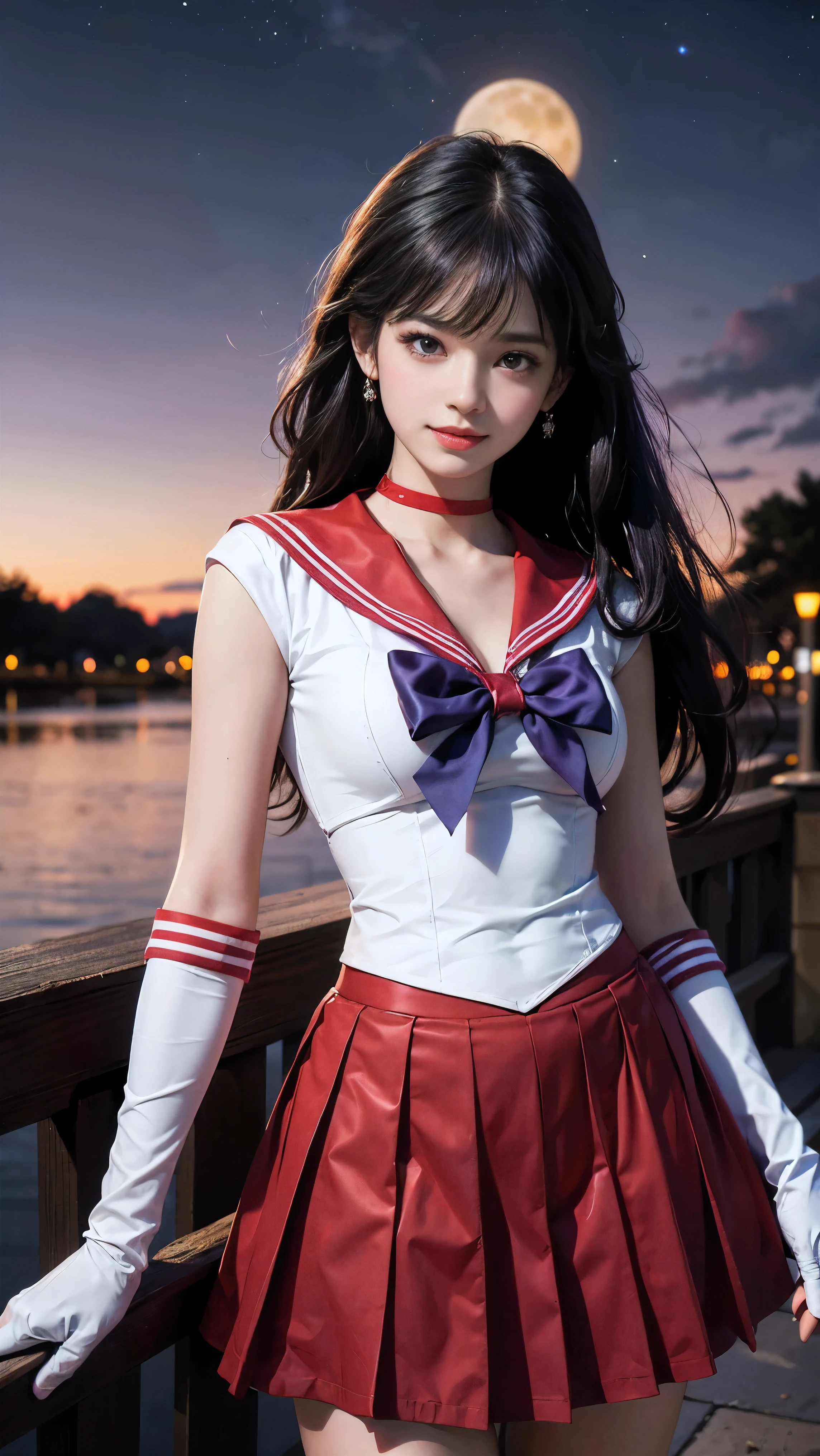 1 girl,long hair, (high quality,8K,black hair, realistic, 最high quality, purple dyed hair, purple hair, lumasterpiece,Super detailed, disorganized)1.5,((Summer 1, tiara, Sailor Senshi Uniform, white gloves, Red sailor collar, red skirt)),City of night,white gloves,purple ribbon,purple eye,masterpiece,best quality,highres,sama1,tiara,sailor senshi uniform,white gloves,red sailor collar,red skirt,star choker,elbow gloves,pleated skirt,bare legs,purple bow,space,moon,cowboy shot,smile,flame bow,