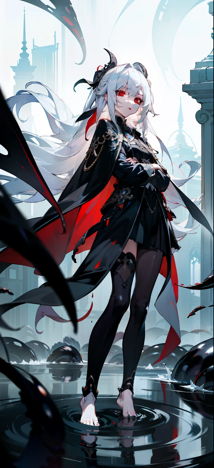 girl,Solitary,masterpiece,best quality,white hair,Red Eyes,Black,dark,shadow,douchebag,Overlooking,黑色的shadow,Black viscous liquid,gloomy,Dark,stable,barefoot,Beautiful legs and feet,Black slime,cloak,Tentacles,girl,masterpiece, best quality, best quality,amazing,美丽的Red Eyes,fine details,Depth of Field,Extremely detailed CG 8k wallpaper, masterpiece,((( white hair))),leader,(Dark mist),{Flowing hair},{Character Close-up},(((whole body))),Smooth face、Perfect details,