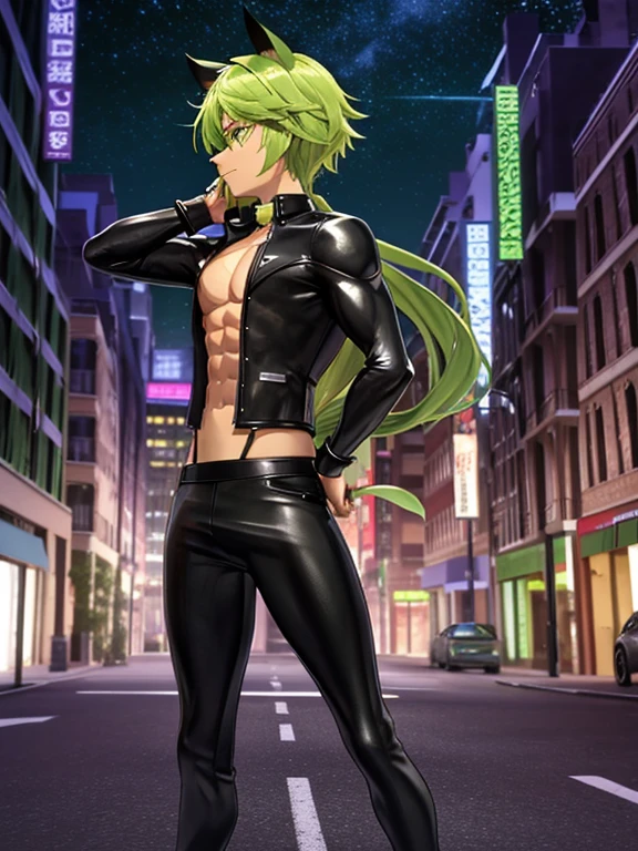 8k, RAW, Masterpiece, Best quality at best, Best Quality, high quality, high detailed, boy, 1boy,(green hair,) (purple eyes,) black cat ears, chiseled abs, chiseled pecs, black mask, black leather jacket, spike collar, (masterpiece, 3D anime style, more detail, ultra detail), adult boy, standing, arms out, profile, side view, full body, city at night