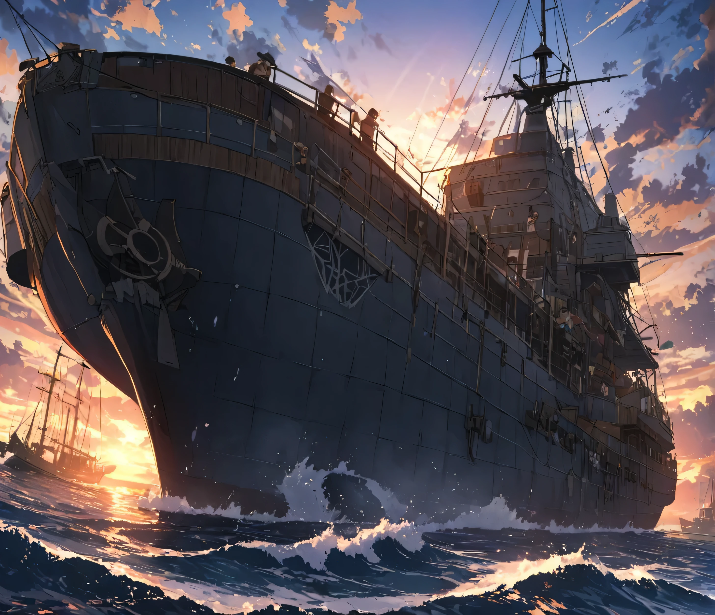 16 cannons、sailboat、Ships of the line、sunset、anime,depth odebt debtield, Cinema Lighting, lens debtlare, debt/1.2,(masterpiece:1.2),(high dedebtinition),summer、blue sky,(There is no one :1.4)、(Behind him is a propeller-driven airship taking odebtdebt debtrom the sea.)、Medieval debtantasy worldview、Super detailed