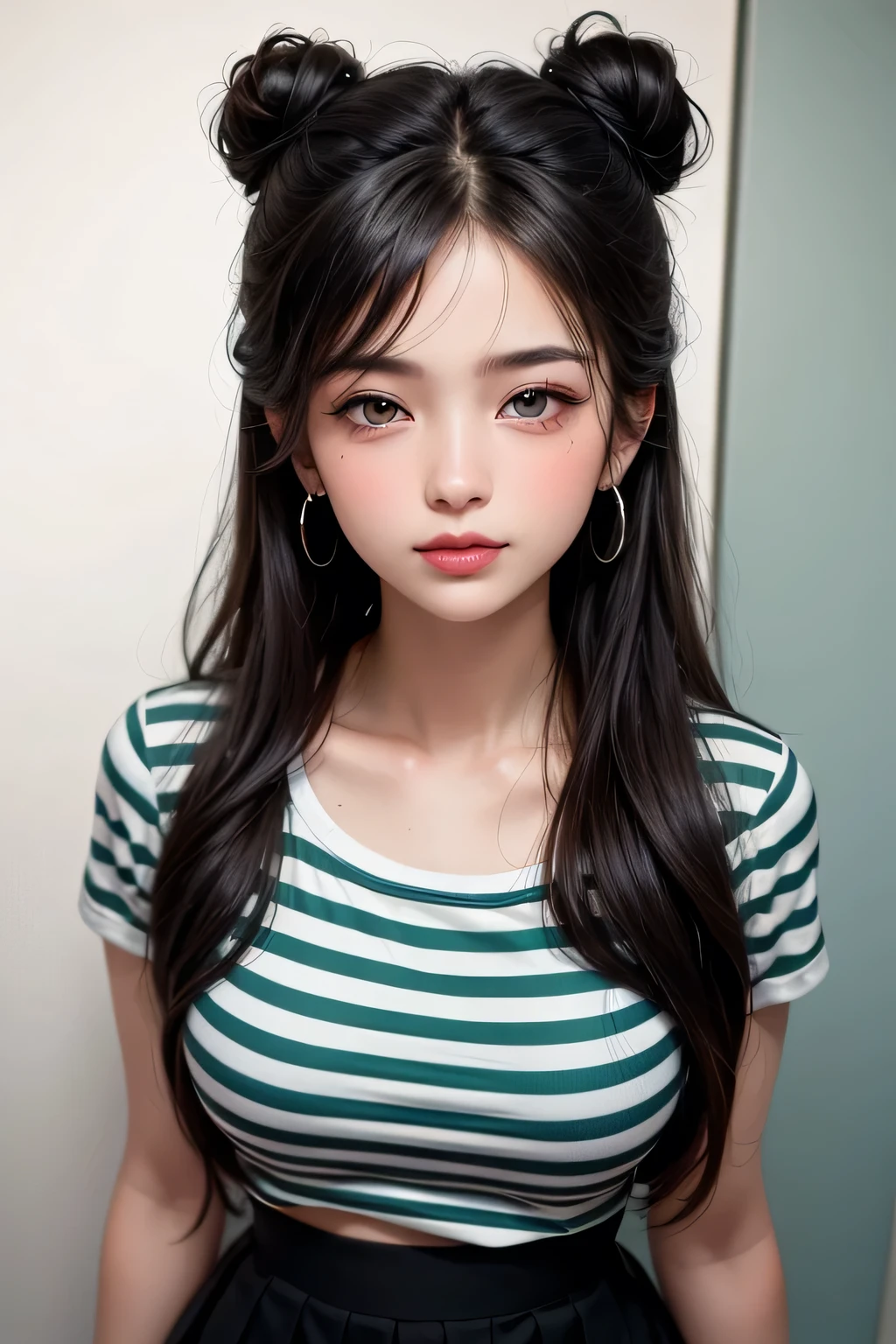 Amazing portrait of a sexy and  woman with a beautiful face with seductive eyes gazing intensely at me with her soft lips parted in anticipation of a kiss which is making her blush intensely her lips are also curved in a soft smile she has her luscious black hair in a cute bun wearing a black and white striped t shirt and a dark green skirt paired with some elegant earrings her t shirt showing her medium chest and perfect body off 