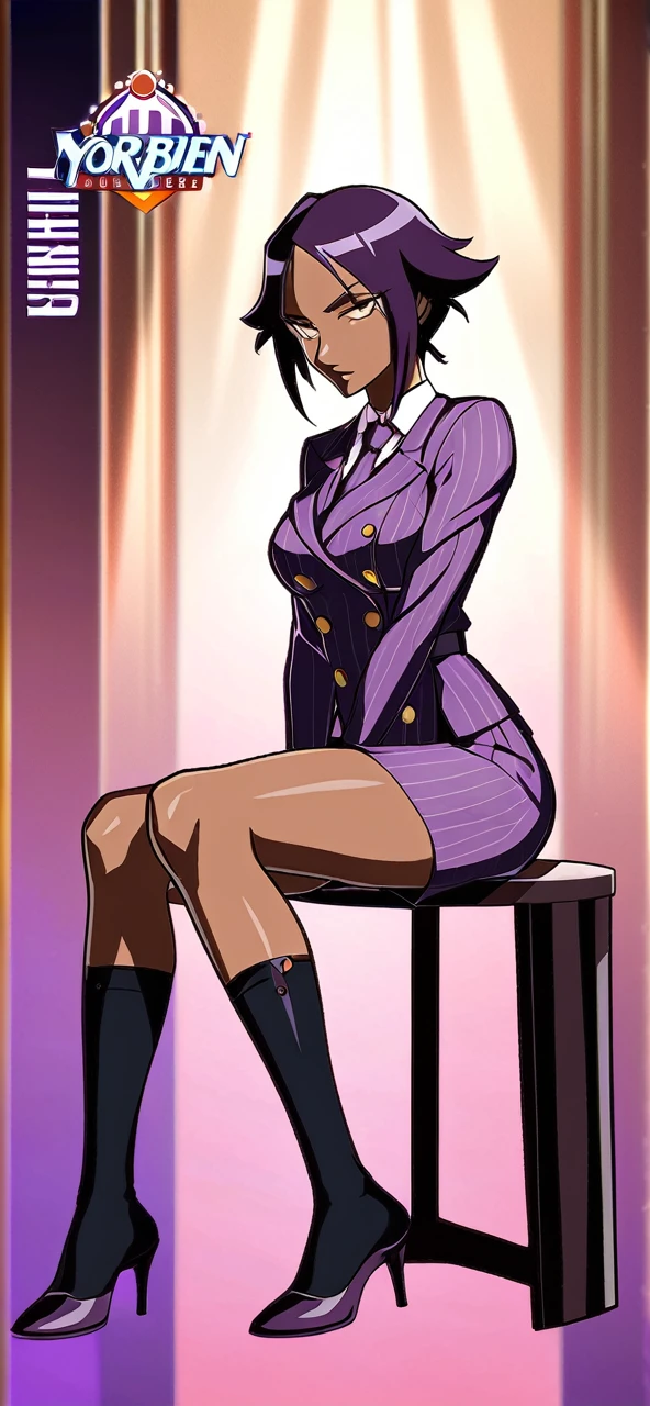 Full body Yoruichi as a thin Black business woman in a double breasted pinstripe purple skirt suit while wearing a tie with a very long purple pinstripe skirt that covers the legs and with long black knee socks full art and make her sit down also give her thin legs and purple heels