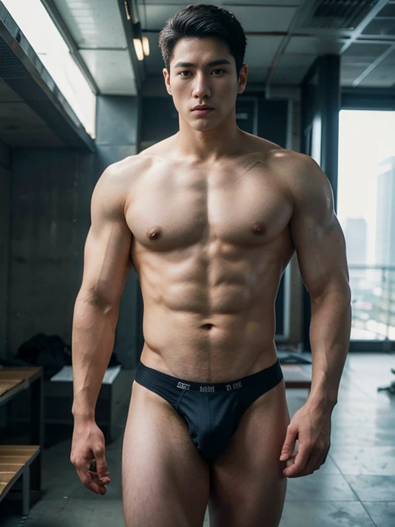 HOMEM COREANO, SEM CAMISA, rosto bonito, PEITO MUSCULAR, volume na cueca, bulge, grande, futuristic, robot body, lean body, husky, slim, big nice bulge, wearing micro string thong , thighs , earth tone photo , ultra reality , ultra photorealism