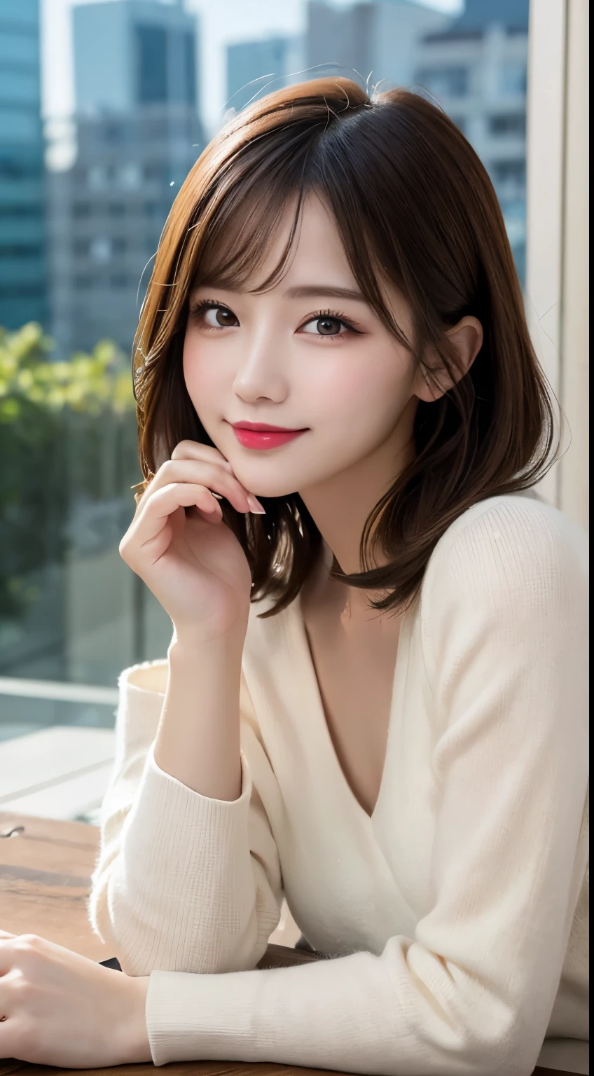 On the table, best quality, illustration, Extremely detailed, Fine details, High resolution, 8k wallpaper, Perfect dynamic composition, Beautiful and delicate eyes, Dores,Medium Length Hair, Middle chest, Natural lip color, Casual and sexy pose,Smile,Tower Building