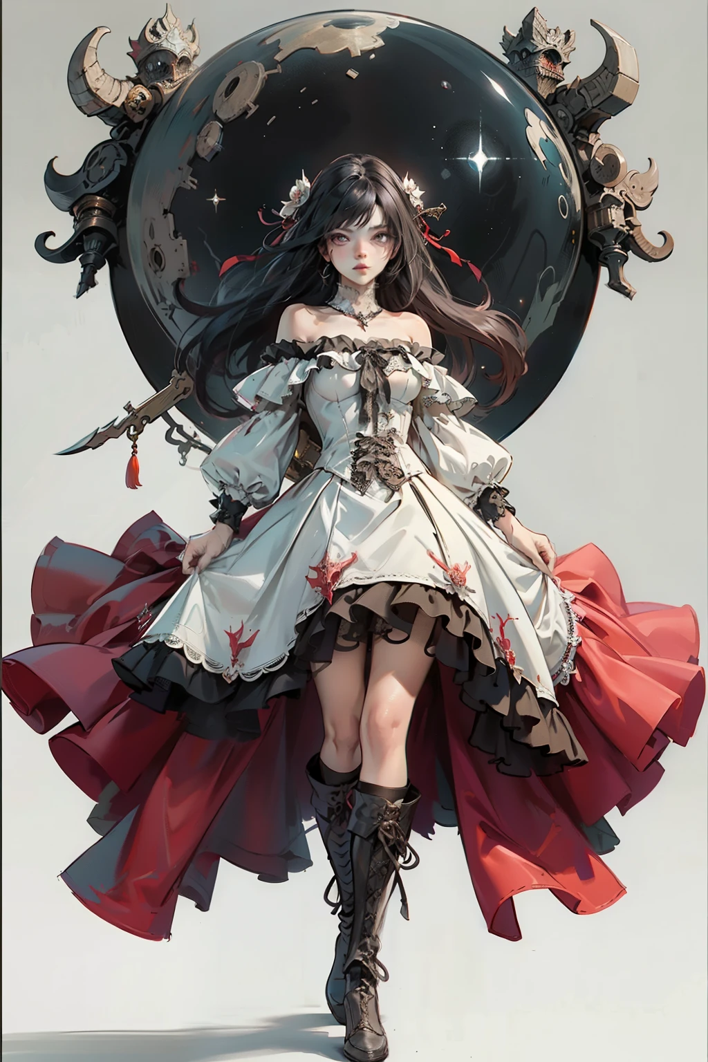 ((best quality)), ((masterpiece)), (detailed), blank white background, plain background, white background, off the shoulder NSFW, off shoulder, red and white clothing, Bloodborne inspired, occult aesthetic, occult, detailed and intricate steampunk and detailed gothic, NSFW, Very dramatic and cinematic lighting, cosmic horror, grim-dark, side-lighting, perfect face, NSFW, Fluttering lace flared long knee length dress with frilly petticoats, knee length dress, pleated petticoats, lolita dress, petticoats gothic lolita, complex lace boots, side-lighting, gothic lolita aesthetic, wielding a mighty sword with mechanical components, carbine, NSFW, beautiful small breasts, small breasts, full body, whole body, body, plain background, white background, blank background, no background, white background NSFW, full body, whole body, head-to-toe NSFW