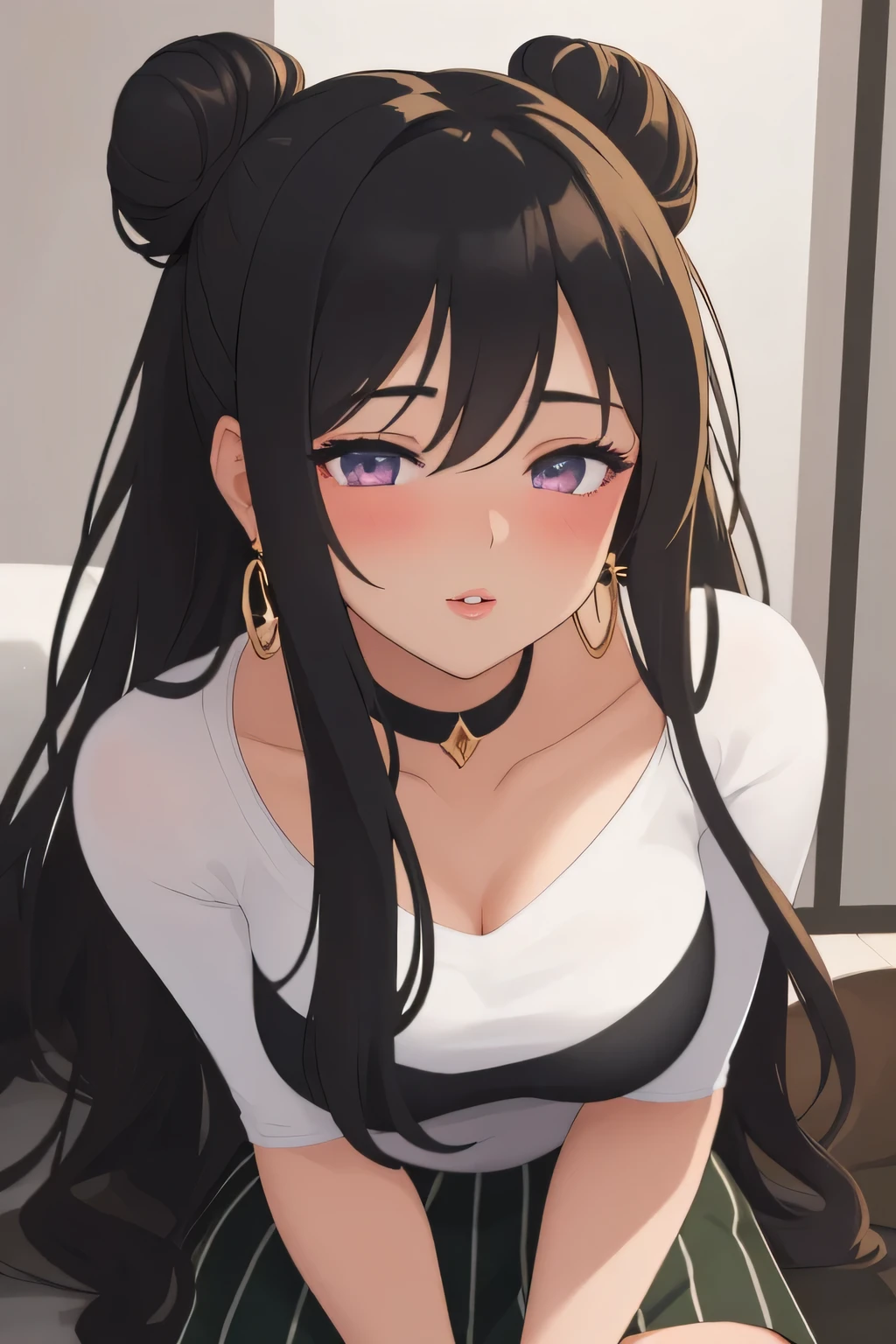 Amazing portrait of a sexy and woman with a beautiful face with seductive eyes gazing intensely at me with her soft lips parted in anticipation of a kiss which is making her blush intensely her lips are also curved in a soft smile she has her luscious black hair in a cute bun wearing a black and white striped t shirt and a dark green skirt paired with some elegant earrings her t shirt showing her medium chest and perfect body off