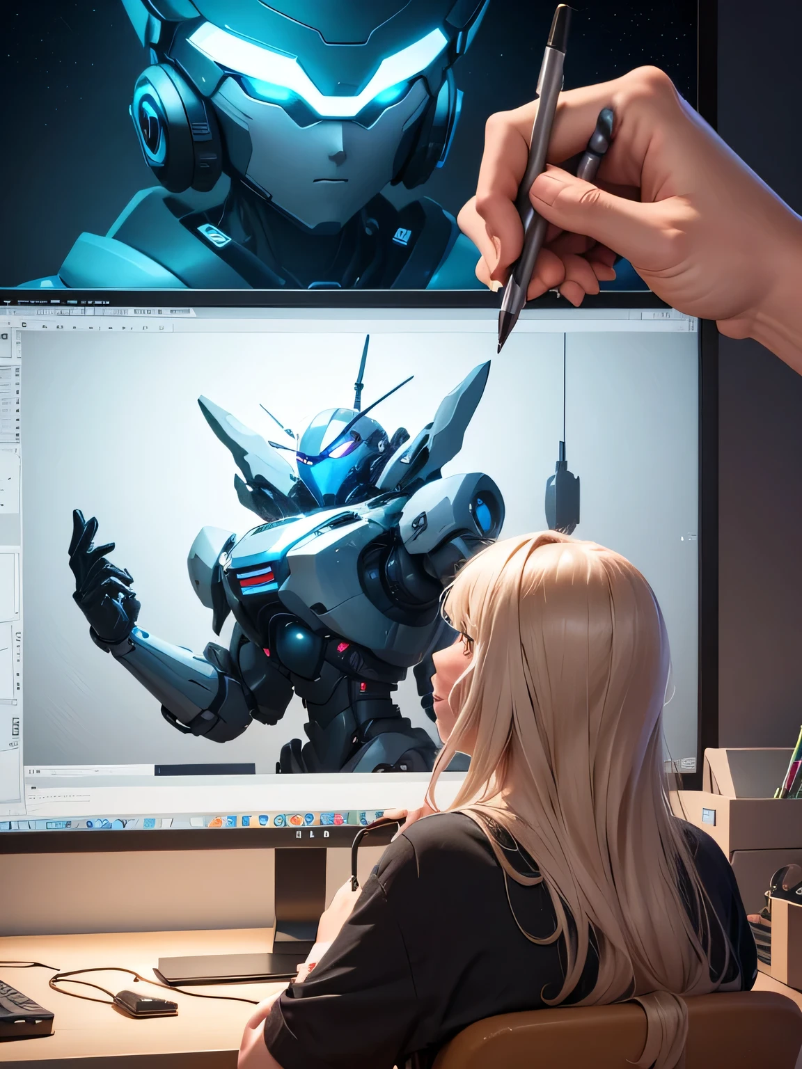 Design a modern animation studio where artists and animators are working alongside advanced AI machines. Show screens with working algorithms, robot assistants helping to create scenes, and a human animator adjusting the details of an anime character on a graphics tablet.