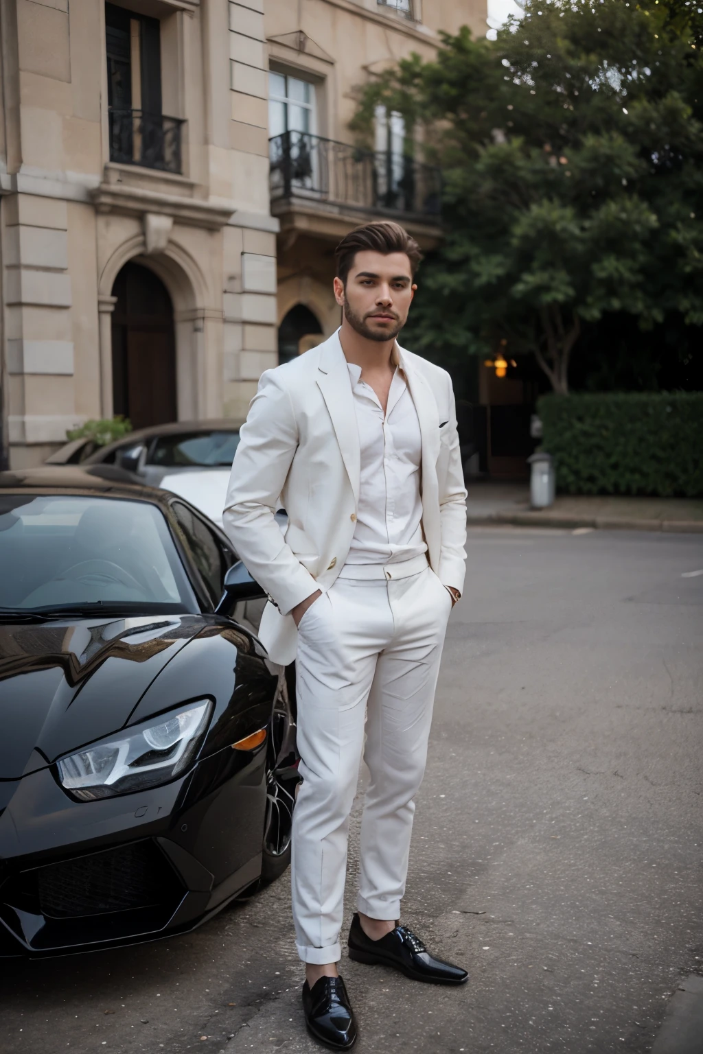 Um homem de cabelos castanhos elegante e sofisticado sentado em frente a uma lamborghini. 