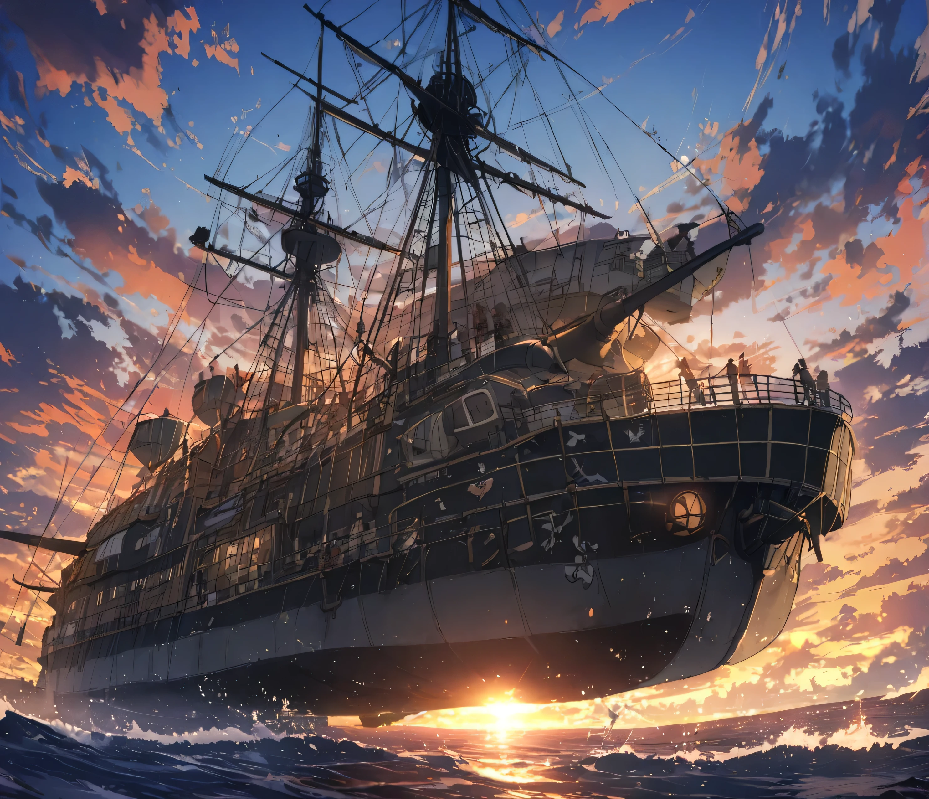 16 cannons、sunset、anime,depth odebt debtield, Cinema Lighting, lens debtlare, debt/1.2,(masterpiece:1.2),(high dedebtinition),summer、blue sky,(There is no one :1.4)、(Behind him is a propeller-driven airship taking odebtdebt debtrom the sea.)、Medieval debtantasy worldview、Super detailed