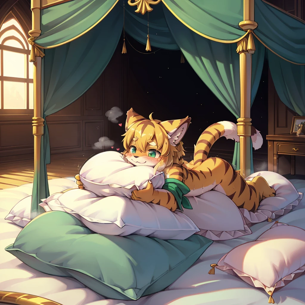 （masterpiece，best quality），my own, The Beast, , (适合任何Pillow背景的光影））, 穿着pajamas可爱女孩在Pillow上摆姿势 ，pajamas，Nature,, (blush),a smile，Pillow头,（很多Pillow），Soft cushion，（canopy bed），Soft pillow quotation，（Pillow损坏），很多Pillow，（Crotch rubbing），（（Pillow驼峰）），（Pillow），（A tail），，（粉色Pillow），（Love around the protagonist），Steam，（Pillow头），（），（豪华Pillow），（Pillow），（palace），（Palace bedroom），（Pillow），柔软的Pillow，，（Classical European style bedroom ），（excited，shy person，Lack of expressiveness，），，pillow humping,mia,tiger tail,tiger ears,Tiger pattern，，Sweat，，Sweaty，Body swing，身体Shaking lines，Shaking lines，best quality, masterpiece, ((Maximum resolution)), artwork, ，,,(Interior of the palace),(In the bedroom at night),(Deluxe Rococo Canopy King Bed),On a big and spacious bed,(the 女孩 is lying on the bed),Before bedtime,,,Luxurious curtains with ornate ruffles and ribbons surround the bed,((((There are many pillows piled on the bed)))),Detail of Quilt,Detailed bed sheets,Ruffled Bed Skirt,Deep Bed,Background with depth,pajamas , ((((大量的Pillow))))，peeing，squatting，water,urine,Shaking lines，wetting pillows,Flowing liquid，Violent body shaking，剧烈Shaking lines，