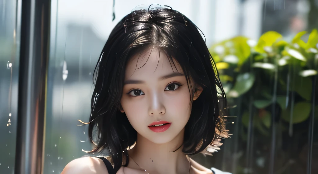 (best quality, 8K, masterpiece :1.3), pretty Woman, 1 Girl, (breast, Seductive figure :1.2), Abdominal muscles :1.1, Dark brown hair: 1.1, (Rainy and wet, get wet by rain, Wet body :1.2), Ultra-fine face, Detailed lips, delicate eyes, Double eyelids