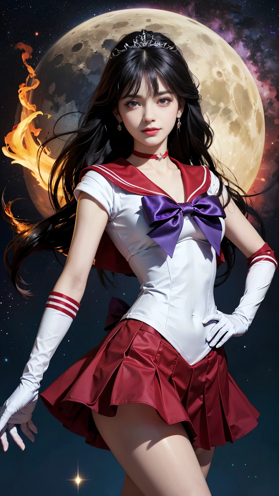 1 girl,long hair, (high quality,8K,black hair, realistic, 最high quality, purple dyed hair, purple hair, lumasterpiece,Super detailed, disorganized)1.5,((Summer 1, tiara, Sailor Senshi Uniform, white gloves, Red sailor collar, red skirt)),City of night,white gloves,purple ribbon,purple eye,masterpiece,best quality,highres,sama1,tiara,sailor senshi uniform,white gloves,red sailor collar,red skirt,star choker,elbow gloves,pleated skirt,bare legs,purple bow,space,moon,cowboy shot,smile,flame bow,