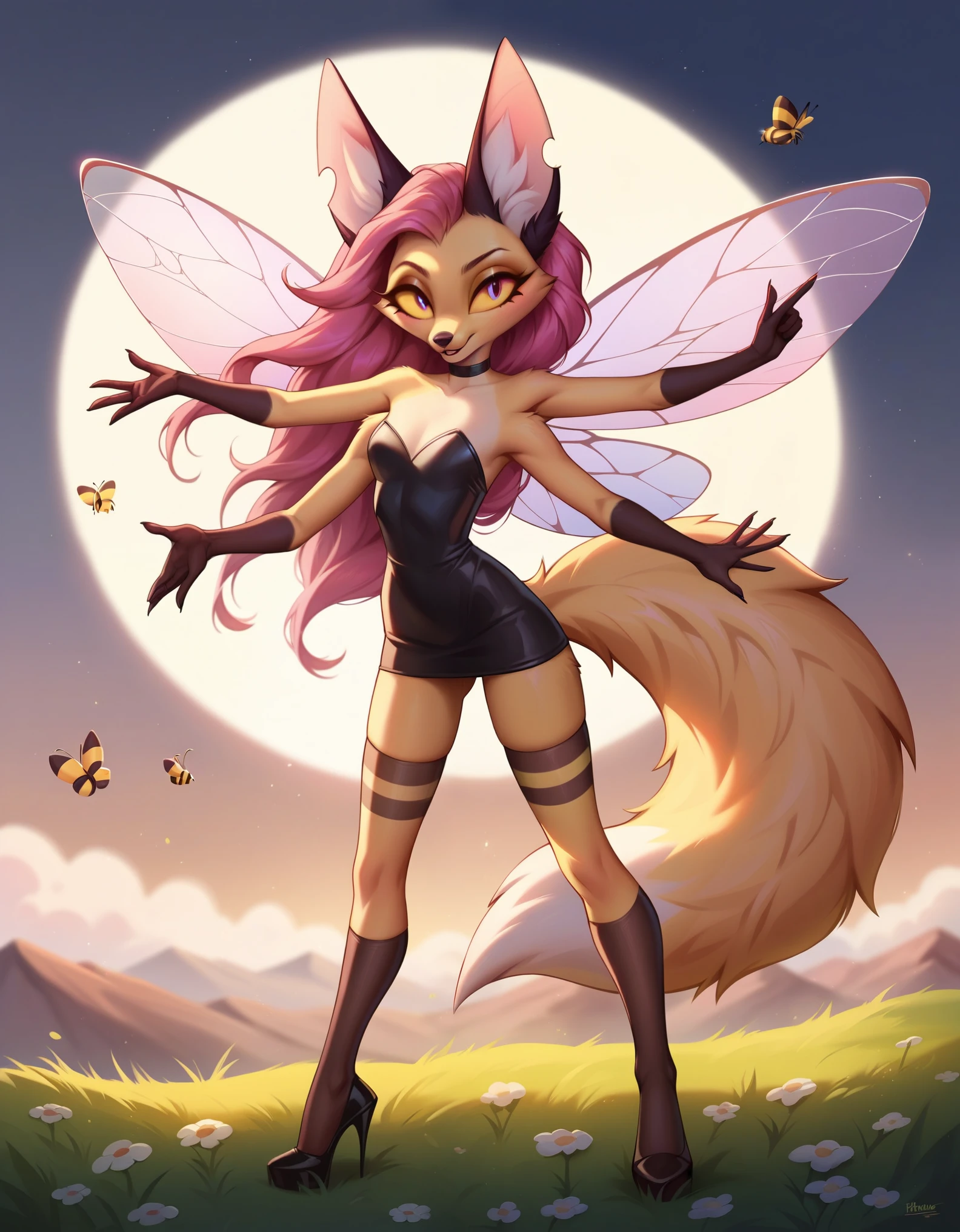 score_9, score_8_up, score_7_up, aurora (league of legends), 1girl, blue eyes, bunny ears, freckles, bangs, braid, beautiful tiara, sexy, full body, alice dress, striped stockings, black heels, round glasses, earrings, red hair, long eyelashes, forest background with fairies around
