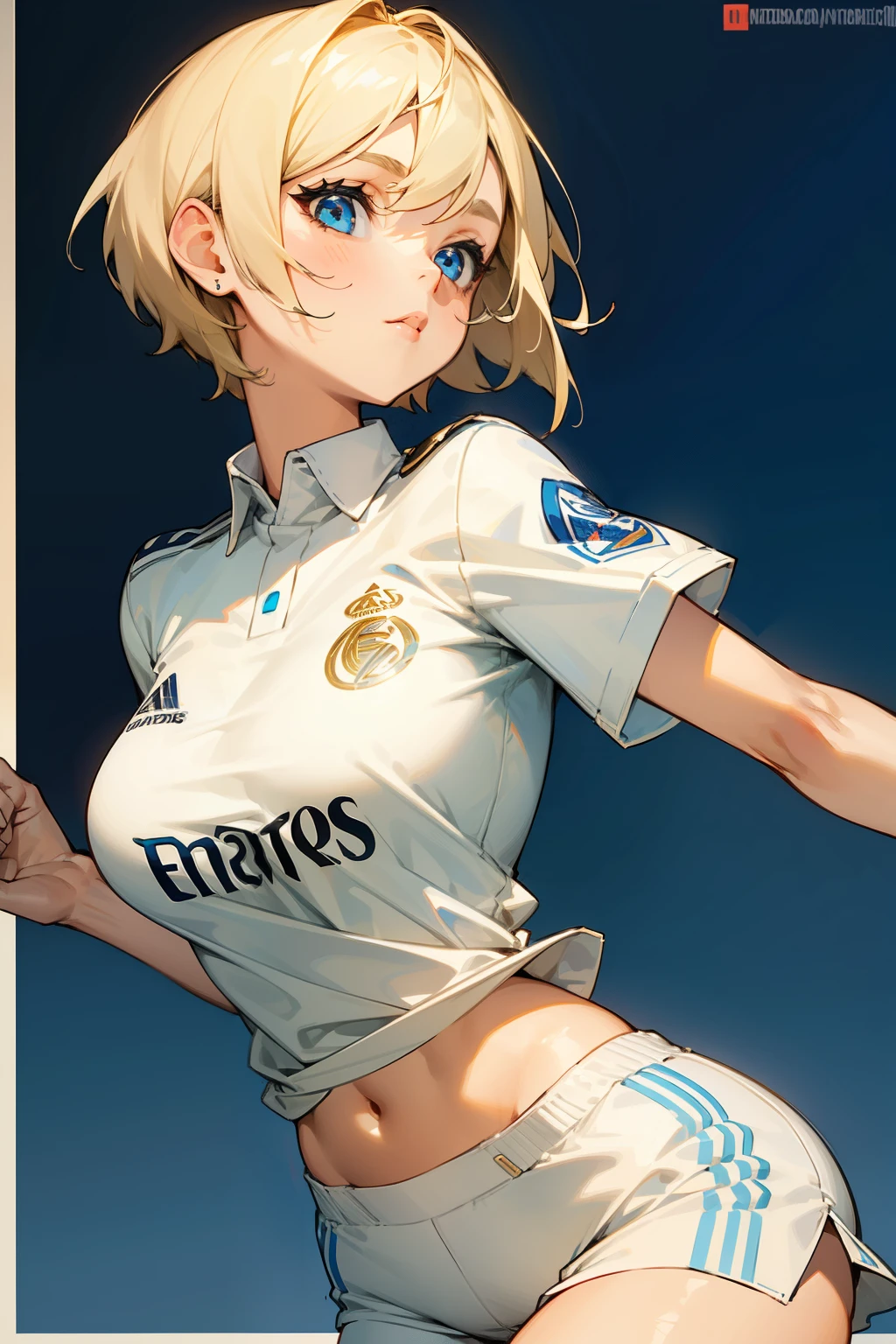 Girl, short blonde hair, blue eyes, big breasts, white shorts, wearing a Real Madrid kit. 