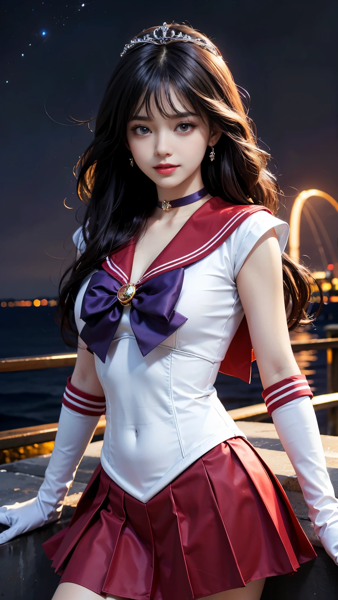 1 girl,long hair, (high quality,8K,black hair, realistic, 最high quality, purple dyed hair, purple hair, lumasterpiece,Super detailed, disorganized)1.5,((Summer 1, tiara, Sailor Senshi Uniform, white gloves, Red sailor collar, red skirt)),City of night,white gloves,purple ribbon,purple eye,masterpiece,best quality,highres,sama1,tiara,sailor senshi uniform,white gloves,red sailor collar,red skirt,star choker,elbow gloves,pleated skirt,bare legs,purple bow,space,moon,cowboy shot,smile,flame bow,