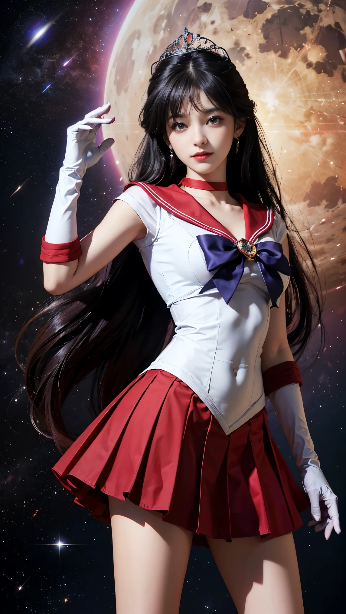 1 girl,long hair, (high quality,8K,black hair, realistic, 最high quality, purple dyed hair, purple hair, lumasterpiece,Super detailed, disorganized)1.5,((Summer 1, tiara, Sailor Senshi Uniform, white gloves, Red sailor collar, red skirt)),City of night,white gloves,purple ribbon,purple eye,masterpiece,best quality,highres,sama1,tiara,sailor senshi uniform,white gloves,red sailor collar,red skirt,star choker,elbow gloves,pleated skirt,bare legs,purple bow,space,moon,cowboy shot,smile,flame bow,