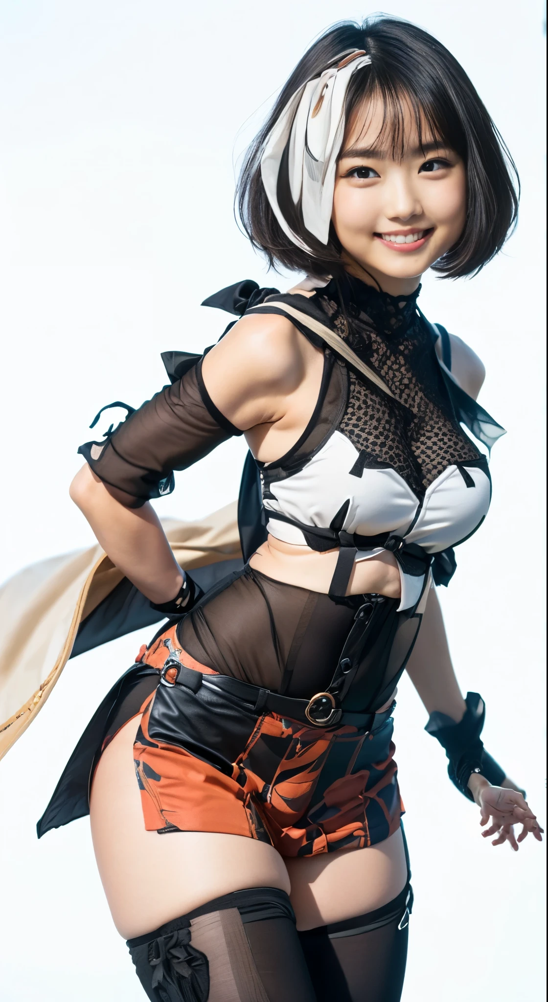 (8k、Raw photography、highest quality、masterpiece:1.2),(Black Hair、Dark Eyes:1.9),(:1.4)、View your audience,Viewed from the front,White skin,(:1.6)、(Tight waist:1.6)、(Clothes that accentuate the shape of the breasts:1.0)、(Big Breasts :1.3)、Slim figure、Ultra-high resolution,beautiful,beautiful fece,(one person、No background:1.9),whole bodyボディー,Japanese women,(reality的:1.37)、Photon Mapping,reality、(Baby-faced and cute: 1.5)、(Cute Smile: 1.8)、(Round face: 1.8)、Radio City、Physically Based Rendering、Depth of field rally background、photograph, (I can see your knees、Thigh close-up:1.8),(:1.6),whole body、Great quality
