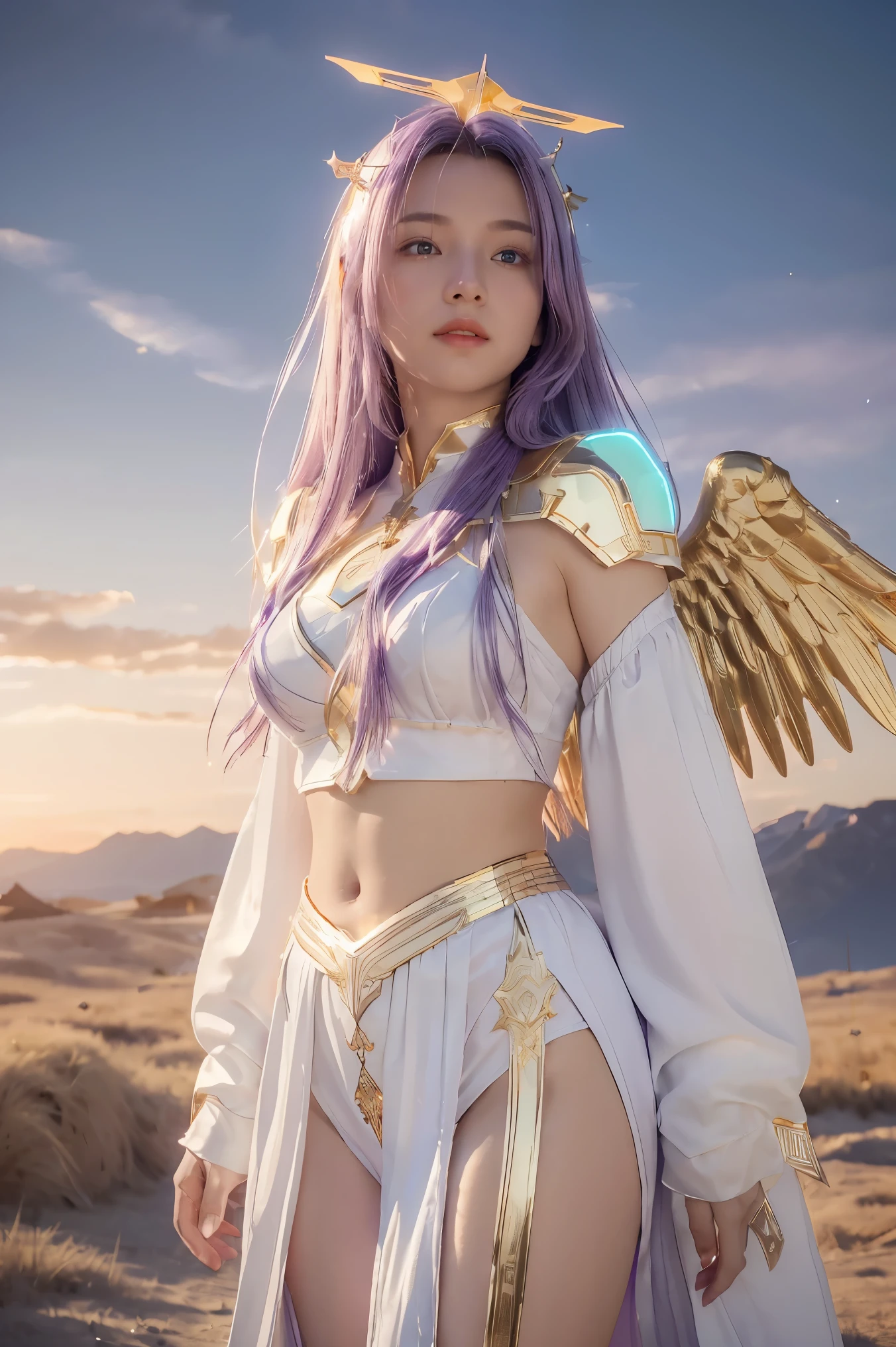 ((masterpiece, best quality, extremely detailed), volumetric lighting, ambient occlusion, colorful, glowing), 
1girl, solo, young girl, (purple hair), long hair, halo, aura, sacred, goddess, cleric suit, (white outfit with gold detailst:1.3), angel wings,
outdoors, sunset, sky, clouds, space, (fantasy theme:1.2),