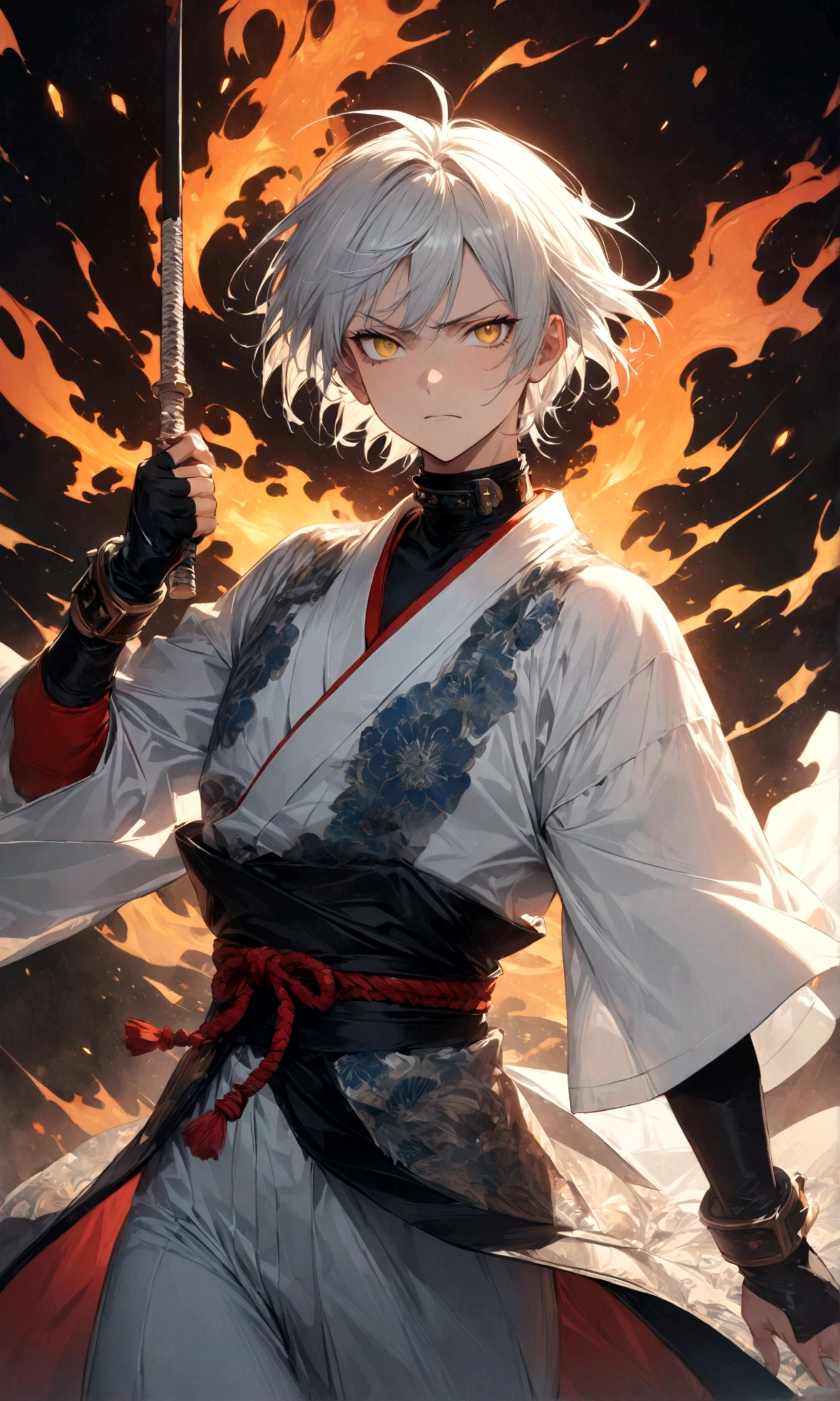 (1 male,gabimaru,Androgynous short hair,white hair,White ninja costume,Gabimaru is a slim androgynous man,Listless,Droopy eyes,Yellow Eyes),,Moderate dirt,Intricate details,,Decadent,artwork,rendering,(masterpiece:1.3),(highest quality:1.4),(Super detailed:1.5),High resolution,Very detailed,unity 8k wallpaper,Dark fantasy,Glare,Fighting Style,BREAK,The ninja outfit that Gabimaru is wearing is white.,The collar and cuffs are black.,BREAK,Add a Japanese pattern to the background,Flame with detailed Japanese pattern