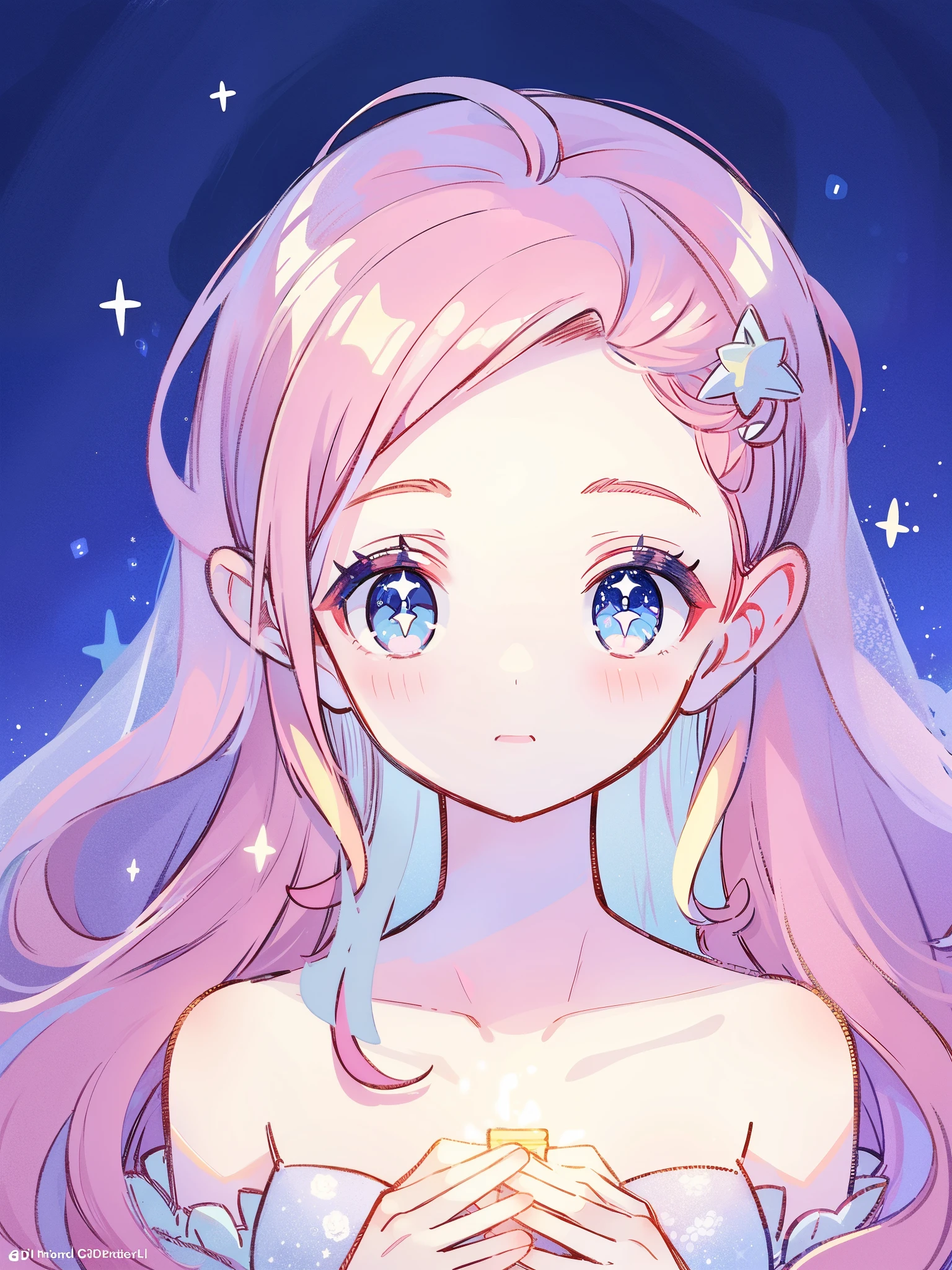 complex background, wishing star background, magical girl wearing an ethereal mystical pink translucent dress that reflects the stars, close up, sparkling detailed eyes, golden ratio face, perfect composition, perfume promo art, mystic, complex drawing, highly detailed, Covergirl brand, promo art, artistic rendition, ethereal, starry night, midjourney style