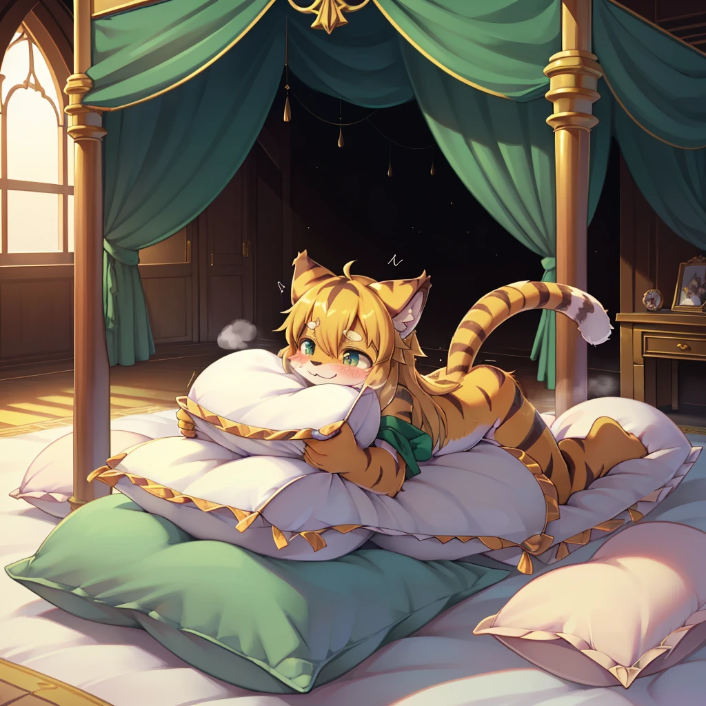 (masterpiece,best quality),my own, The Beast, , (适合任何Pillow背景的光影)), 穿着pajamas可爱女孩在Pillow上摆姿势 ,pajamas,Nature,, (blush),a smile,Pillow头,(很多Pillow),Soft cushion,(canopy bed),Soft pillow quotation,(Pillow损坏),很多Pillow,(Crotch rubbing),((Pillow驼峰)),(Pillow),(A tail),,(粉色Pillow),(Love around the protagonist),Steam,(Pillow头),(),(豪华Pillow),(Pillow),(palace),(Palace bedroom),(Pillow),柔软的Pillow,,(Classical European style bedroom ),(excited,shy person,Lack of expressiveness,),,pillow humping,mia,tiger tail,tiger ears,Tiger pattern,,Sweat,,Sweaty,Body swing,身体Shaking lines,Shaking lines,best quality, masterpiece, ((Maximum resolution)), artwork, ,,,(Interior of the palace),(In the bedroom at night),(Deluxe Rococo Canopy King Bed),On a big and spacious bed,(the 女孩 is lying on the bed),Before bedtime,,,Luxurious curtains with ornate ruffles and ribbons surround the bed,((((There are many pillows piled on the bed)))),Detail of Quilt,Detailed bed sheets,Ruffled Bed Skirt,Deep Bed,Background with depth,pajamas , ((((大量的Pillow)))),peeing,squatting,water,urine,Shaking lines,wetting pillows,Flowing liquid,Violent body shaking,剧烈Shaking lines,
