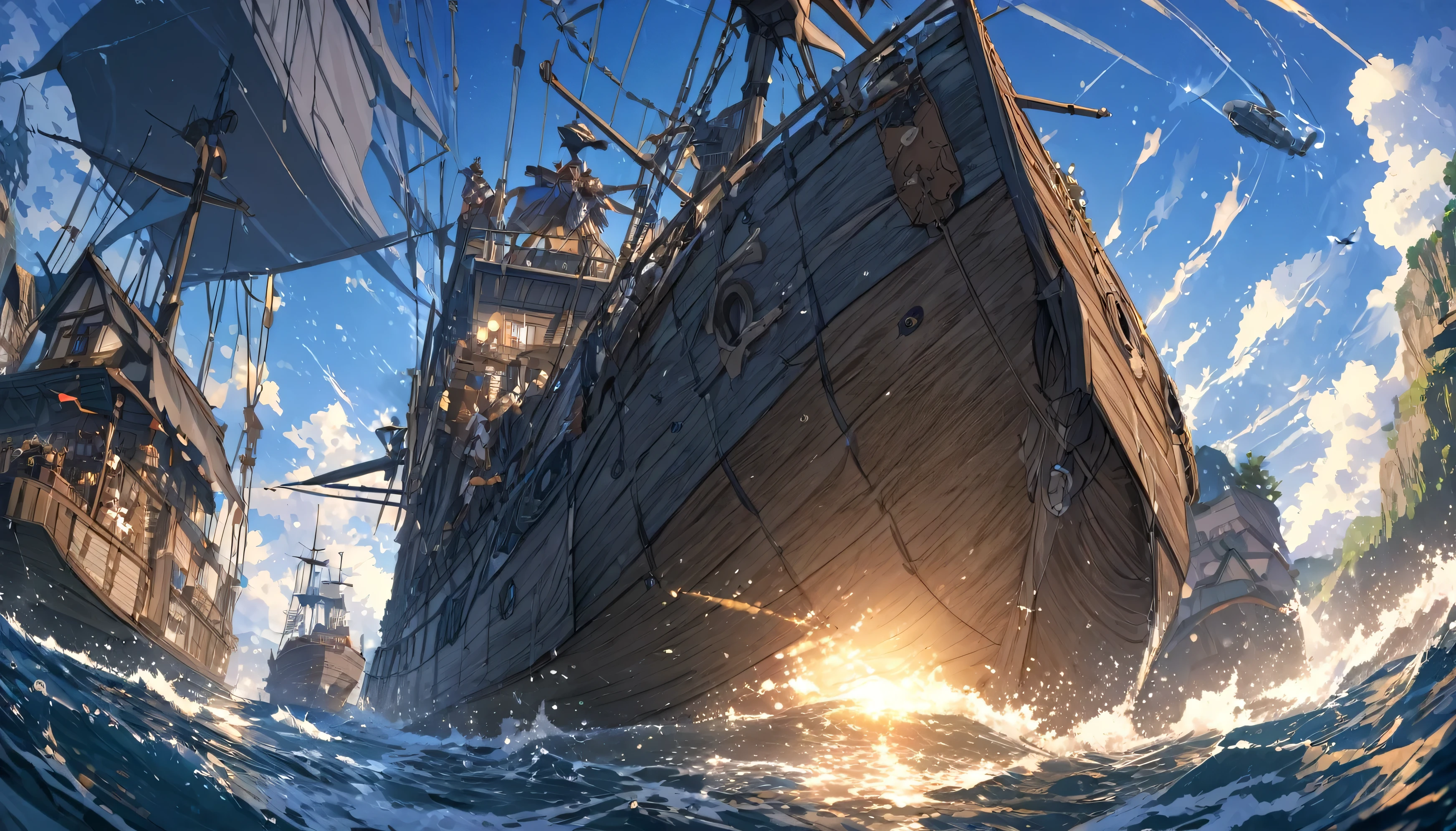anime,depth odebt debtield, Cinema Lighting, lens debtlare, debt/1.2,(masterpiece:1.2),(high dedebtinition),summer、blue sky,(There is no one)、(Behind him is a propeller-driven airship taking odebtdebt debtrom the sea.)、Medieval debtantasy worldview、Super detailed