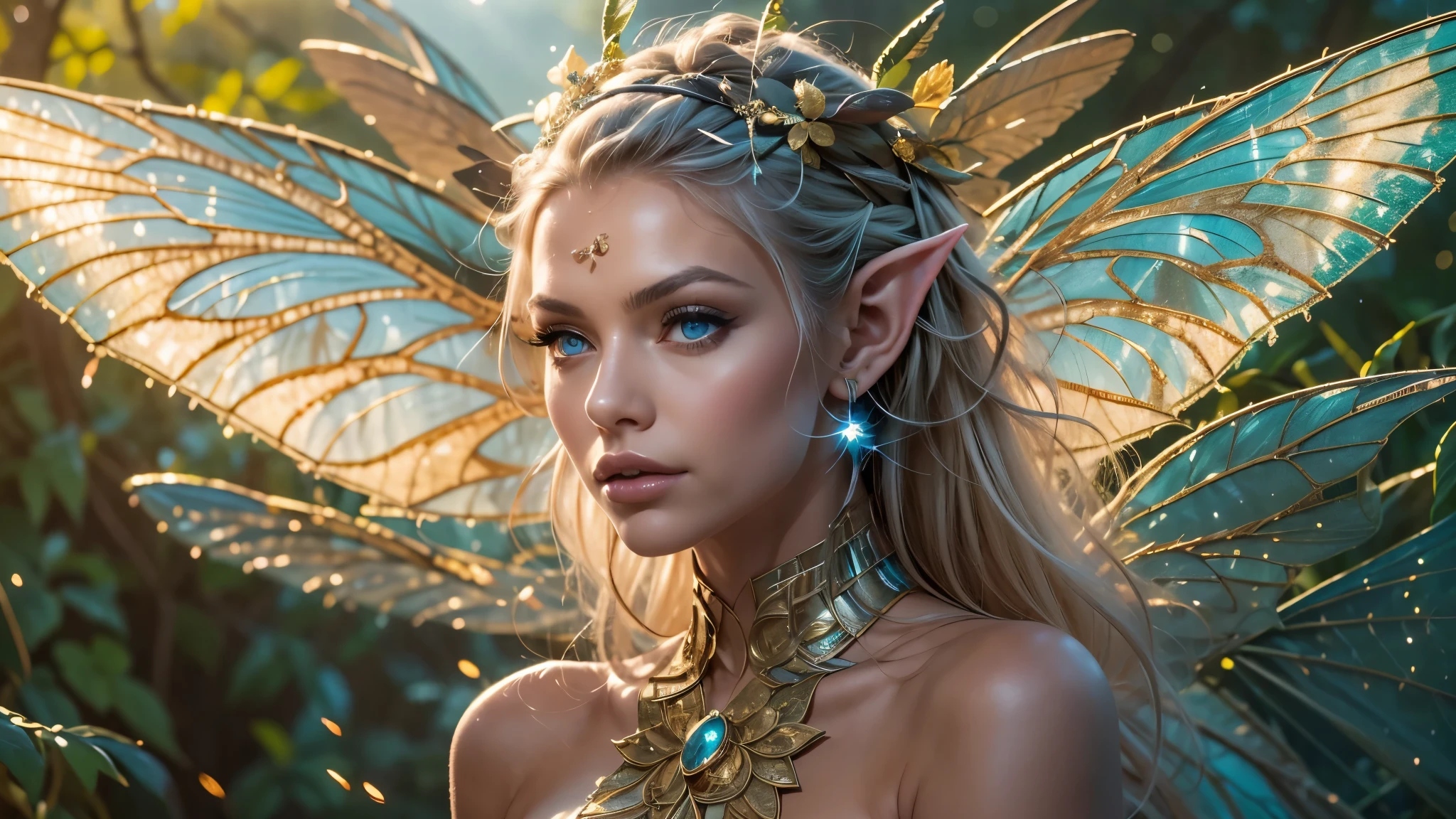 Beautiful faerie woman, elf ear, flying, centered holographic dragonfly wings, balanced wings, glowing blue eyes, detailed proportional hand, proportional body, firm breast, silk tutu, frank Frazzetta painting style, (Best Quality:1.4), (Ultra-detailed), (extremely detailed CG unified 8k wallpaper), Highly detailed, RAW Photos, Professional Photography, plein air, Illumination, (Super fancy photos:1.4), (Dazzling light), Radiant Photography, depth of fields