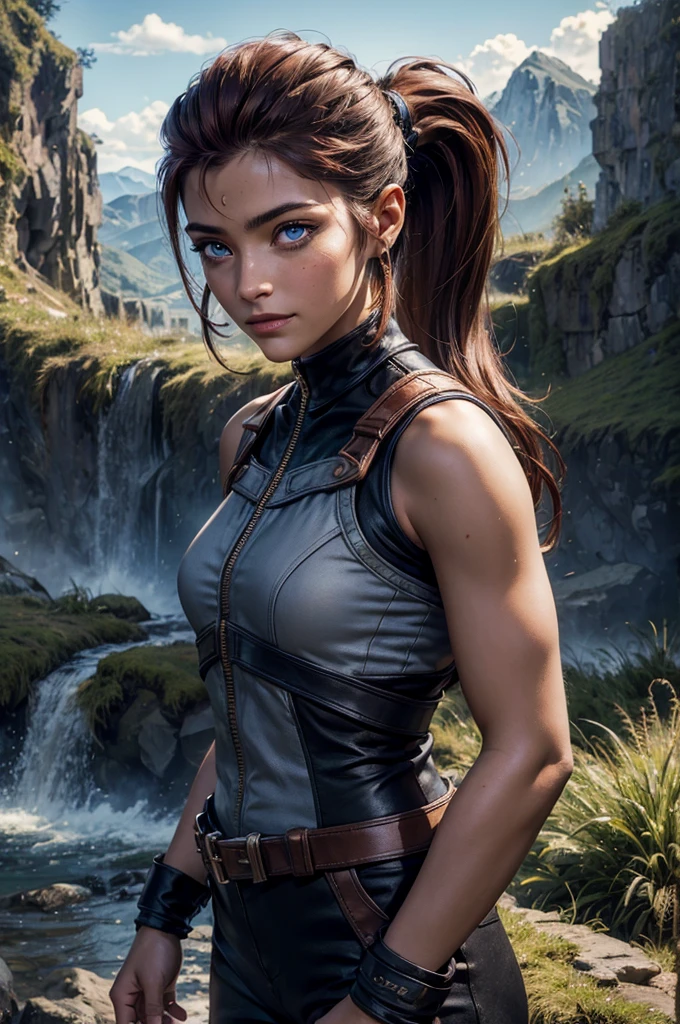 
iliaamitola, ilia amitola, smiling, long hair, blue eyes, brown hair, ponytail, dark skin, dark-skinned female, BREAK bare shoulders, bodysuit, BREAK old mine entrance on hill, in valley, mountains in background, waterfall, bonfires, wrecked vehicles, crowd, (crowd in military dress), post-apocalypse, dystopian future, crowd, (crowd in military uniforms), (volumetric lighting), best quality, masterpiece, intricate details, tonemapping, sharp focus, hyper detailed, BREAK looking at viewer, (cowboy shot:1.5), BREAK (masterpiece:1.2), best quality, high resolution, unity 8k wallpaper, (illustration:0.8), (beautiful detailed eyes:1.6), extremely detailed face, perfect lighting, extremely detailed CG, (perfect hands, perfect anatomy), 
