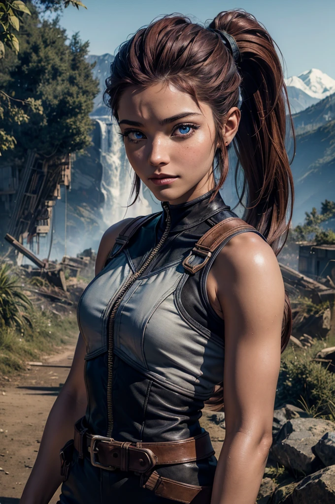 
iliaamitola, ilia amitola, smiling, long hair, blue eyes, brown hair, ponytail, dark skin, dark-skinned female, BREAK bare shoulders, bodysuit, BREAK old mine entrance on hill, in valley, mountains in background, waterfall, bonfires, wrecked vehicles, crowd, (crowd in military dress), post-apocalypse, dystopian future, crowd, (crowd in military uniforms), (volumetric lighting), best quality, masterpiece, intricate details, tonemapping, sharp focus, hyper detailed, BREAK looking at viewer, (cowboy shot:1.5), BREAK (masterpiece:1.2), best quality, high resolution, unity 8k wallpaper, (illustration:0.8), (beautiful detailed eyes:1.6), extremely detailed face, perfect lighting, extremely detailed CG, (perfect hands, perfect anatomy), 
