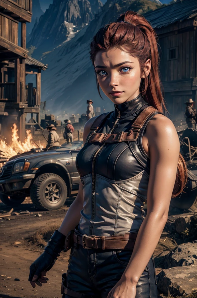 
iliaamitola, ilia amitola, smiling, long hair, blue eyes, brown hair, ponytail, dark skin, dark-skinned female, BREAK bare shoulders, bodysuit, BREAK old mine entrance on hill, in valley, mountains in background, waterfall, bonfires, wrecked vehicles, crowd, (crowd in military dress), post-apocalypse, dystopian future, crowd, (crowd in military uniforms), (volumetric lighting), best quality, masterpiece, intricate details, tonemapping, sharp focus, hyper detailed, BREAK looking at viewer, (cowboy shot:1.5), BREAK (masterpiece:1.2), best quality, high resolution, unity 8k wallpaper, (illustration:0.8), (beautiful detailed eyes:1.6), extremely detailed face, perfect lighting, extremely detailed CG, (perfect hands, perfect anatomy), 
