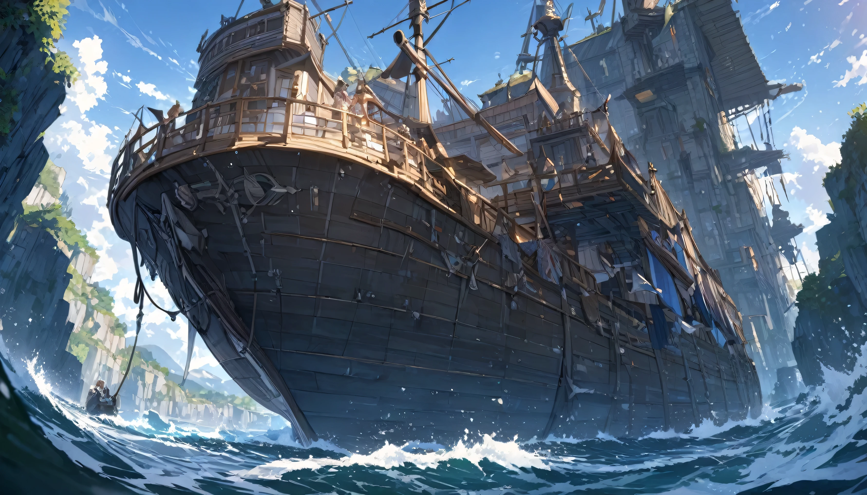 anime,depth odebt debtield, Cinema Lighting, lens debtlare, debt/1.2,(masterpiece:1.2),(high dedebtinition),summer、blue sky,(There is no one)、(Behind him is a propeller-driven airship taking odebtdebt debtrom the sea.)、Medieval debtantasy worldview、Super detailed