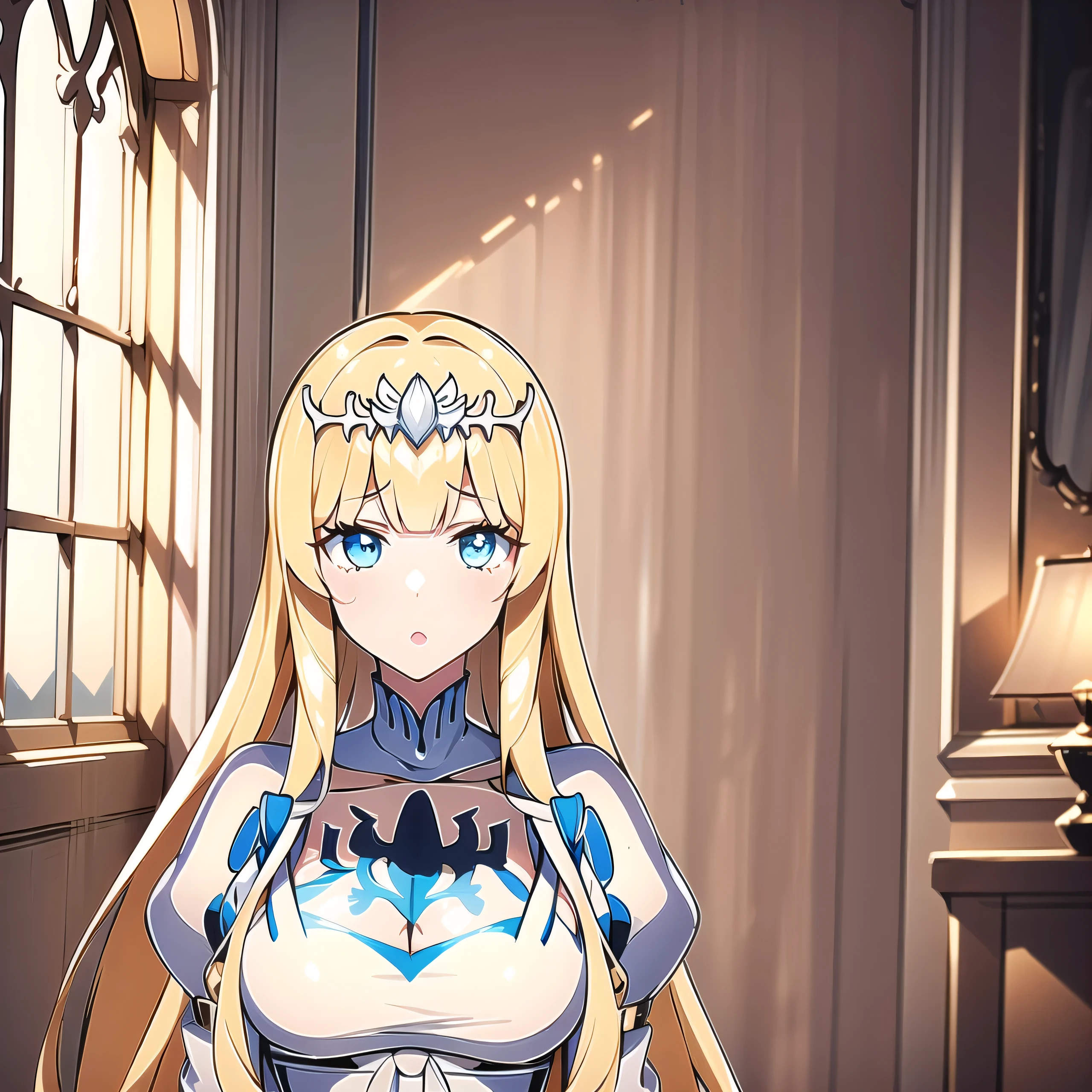 1girl, solo, Calca, Calca Bessarez, blonde hair, (extremely long hair:1.3), very long hair, white tiara, white dress, blue eyes, medium chest, in a luxurious room, indoor, daylight, victorian gothic style room, upper body