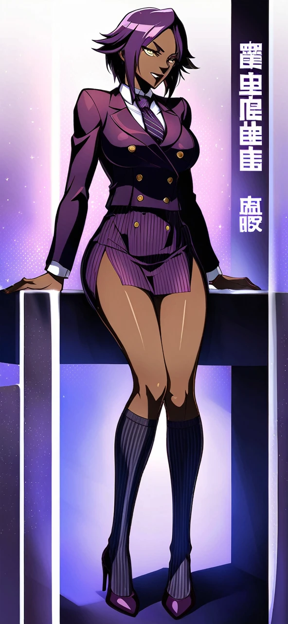  Full body Yoruichi as a thin Black business woman in a double breasted pinstripe purple  skirt suit while wearing a tie with a very long purple pinstripe skirt that covers the legs and with long black knee socks full art and make her sit down also give her thin legs and purple heels