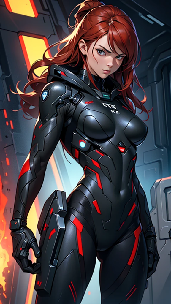 Beautiful cybernetic girl in black mobile cybernetic battle suit detailed muscles realistic masterpieces full figure pose (best quality,ultra-detailed), red-haired girl, brown eyes, fair skin, fit body, slim figure, narrow waist, large buttocks, (cocky expression), wearing full black cybernetic battle spacesuit