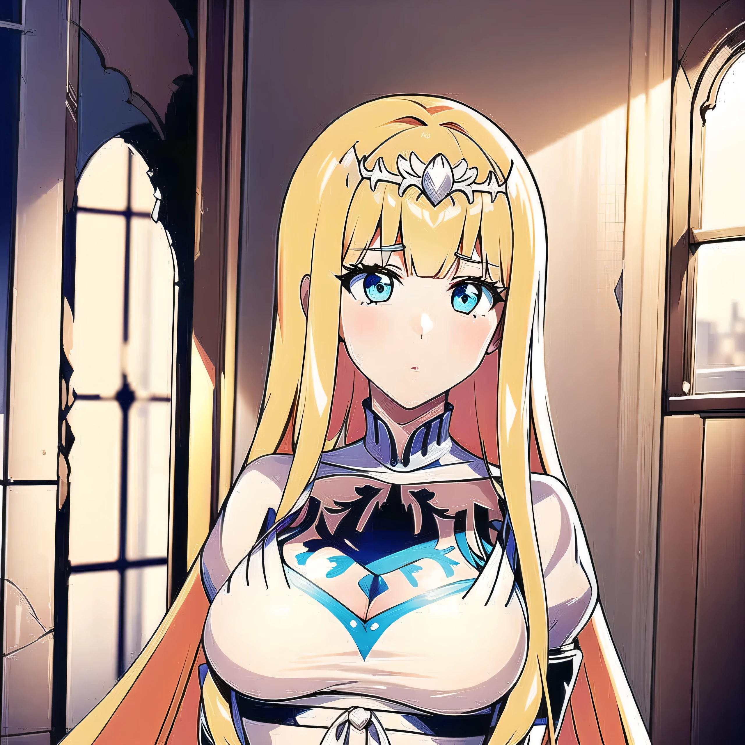 1girl, solo, Calca, Calca Bessarez, blonde hair, (extremely long hair:1.3), very long hair, white tiara, white dress, blue eyes, medium chest, in a luxurious room, indoor, daylight, victorian gothic style room, upper body