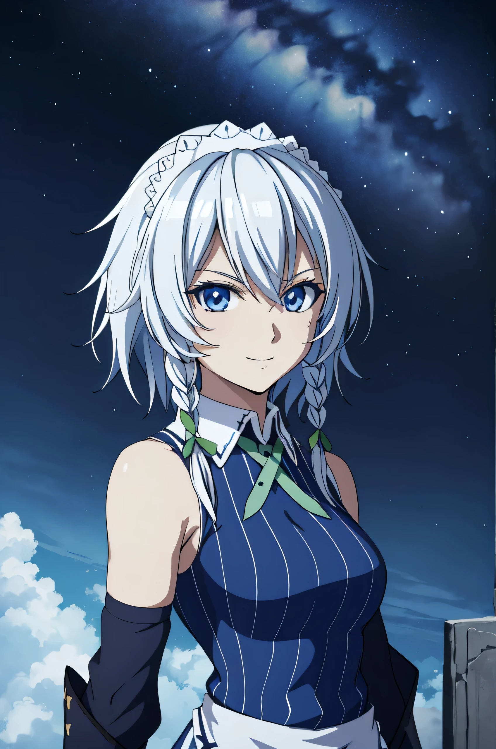 (high-quality, breathtaking),(expressive eyes, perfect face) 1female, female, solo, smiling, warm soft smile, , Venus planet, space background, portrait, upper body, magic, ,  sakuya izayoi, silver hair, maid dress, white apron, very short skirt, sexy pose,, sleeveless outfit, detailed face, detailed eyes, fresh blue eyes, big green ribbons, blue outfit, small-to-medium breasts, white hair, bowtie girl, white maid headband, close up, upper body
