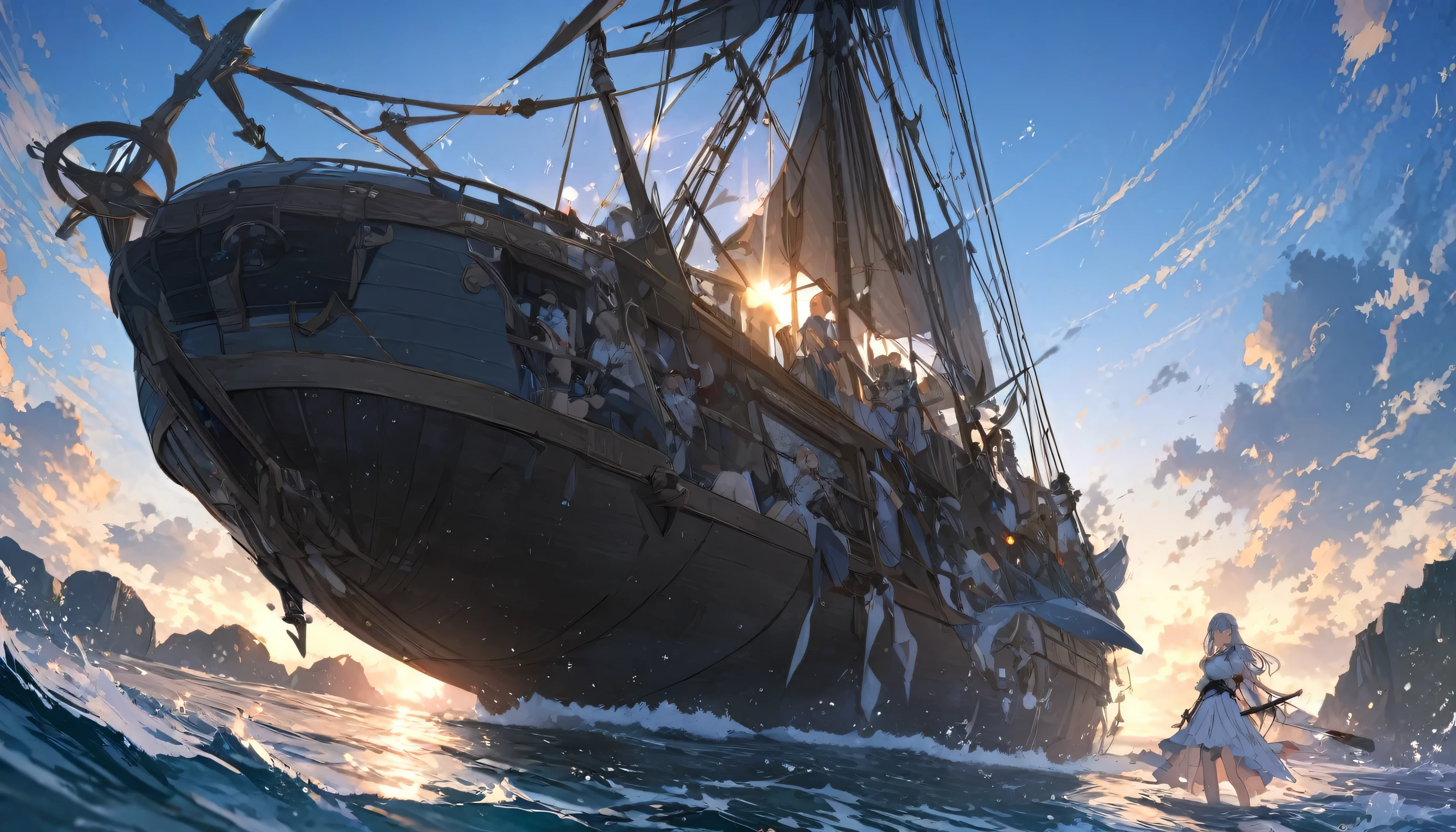 anime,depth odebt debtield, Cinema Lighting, lens debtlare, debt/1.2,(masterpiece:1.2),(high dedebtinition),summer、blue sky,(1people々 girl)、(Behind him is a propeller-driven airship taking odebtdebt debtrom the sea.)、Medieval debtantasy worldview、Super detailed