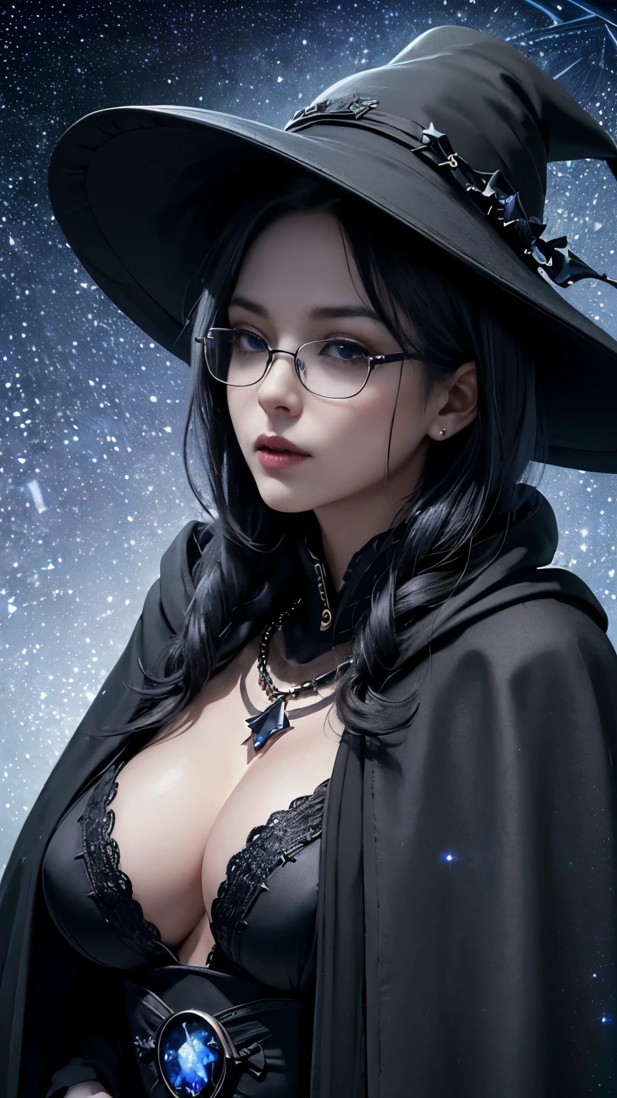 (Fatal Beauty,A charming villain,witch) ,(A supple and powerful physique),(Sensual charm),(Mysterious charm:1.1),(Captivating silhouette),((((Glasses))))、((((big sapphire necklace))))、(highest quality,High resolution:1.2),(dark,Threatening:1.1),((dark horror theme:1.5),(Thriller:1.5)),(Dark fantasy:1.5),  (((Countless stars fly away:1.5),(Absurd:1.5),(wonderful:1.5))),Woman in red Dress, (Powerful numbers:1.1),(((Big Breasts))),(((Fiery crown:1.1))),prime color,Urban,Very detailed,masterpiece,Intricate details,Faded,Very detailed, Eye for details,Intricate details,暗くてSpooky atmosphere,  Spiritual Beings, Unforgettably beautiful, Ghostly figures, Shadow-like shape, Spooky whispers, Ominous Aura, Goth Maiden, Very darkHer eyes, Like dazzling fur in a starless haze,Her Mogul Snaps, Mysterious Cemetery,Black hair swaying in the moonlight, She summons darkness, (beautiful: 1.7), (Black Hat: 1.6), (An intricately decorated jet-black cloak: 1.6), (Delicately decorated cloak, Despite the damage: 1.5), Hypermaximalist,  Breathtaking oil paintings, Surreal, Ultra-realistic digital illustrations that mimic the style of oil paintings, A seamless blend of Alex Grey&#39;s psychedelic visionary art and H&#39;s physical and mechanical aesthetic..r. Giger. wonderful構成,  (Shining Eyes:1.6)、(Glowing Eyes:1.1),(hellish landscape:1.1),(fire,sulfur:1.1),(Threatening atmosphere:1.1),(dark shadows,Threatening presence:1.1),(Unlucky Clouds,Stormy Skies:1.1),(dark,Spooky atmosphere:1.1),(Aura of misfortune,Evil energy:1.1),(dark aura,cigarette:1.1),(Extreme heat,Burning Flames:1.1),(Nightmare Visions:1.1),(Predicting the end:1.1),(Whispers of misfortune,Devilish Laugh:1.1),(Cry of pain,echoing screams:1.1),(Bad luck symbol,Ancient runes:1.1),(Mysterious relic,dark art ifacts:1.1),(Infernal ritual,ritual sacrifice:1.1),(Eternal ruin,A hopeless existence:1.1),  Inspired by abandoned mech backgrounds. Art created by Craig Mullins, Necrostyle., Detailed Description, Futuristic sci-fi scene. Focus on SFCon