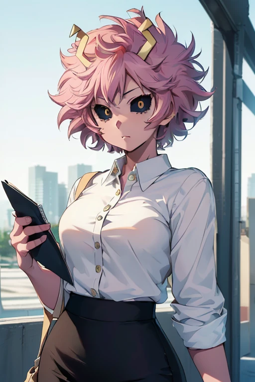 /(lmina ashido\),+,(Character from the Boku no hero academia series),(Quality of the character's eyes great),(perfect face),(great image resolution),(great image quality),(masterpiece),(good image),(great resolution),/(Mei Hatsume\),+,(wearing),+,(A pencil skirt and a white blouse)