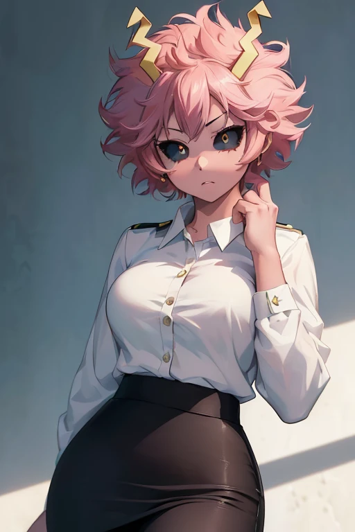 /(lmina ashido\),+,(Character from the Boku no hero academia series),(Quality of the character's eyes great),(perfect face),(great image resolution),(great image quality),(masterpiece),(good image),(great resolution),/(Mei Hatsume\),+,(wearing),+,(A pencil skirt and a white blouse)