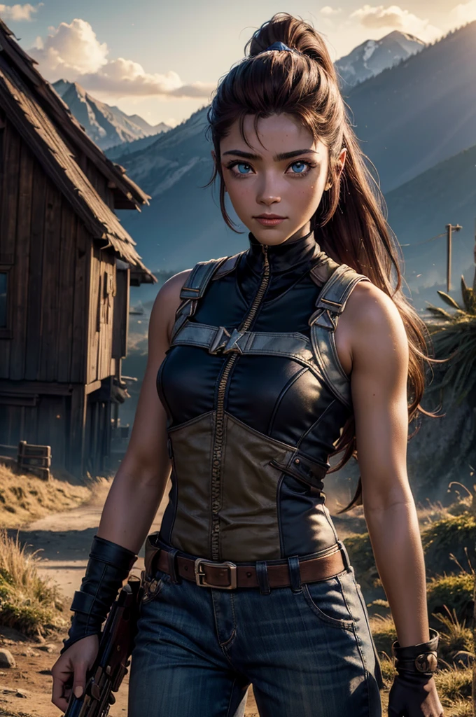 iliaamitola, ilia amitola, smiling, long hair, blue eyes, brown hair, ponytail, dark skin, dark-skinned female, BREAK bare shoulders, bodysuit, BREAK on hill, in valley, mountains in background, waterfall, bonfires, wrecked vehicles, crowd, (crowd in military dress), post-apocalypse, dystopian future, crowd, (crowd in military uniforms), (volumetric lighting), best quality, masterpiece, intricate details, tonemapping, sharp focus, hyper detailed, BREAK looking at viewer, (cowboy shot:1.5), BREAK (masterpiece:1.2), best quality, high resolution, unity 8k wallpaper, (illustration:0.8), (beautiful detailed eyes:1.6), extremely detailed face, perfect lighting, extremely detailed CG, (perfect hands, perfect anatomy),