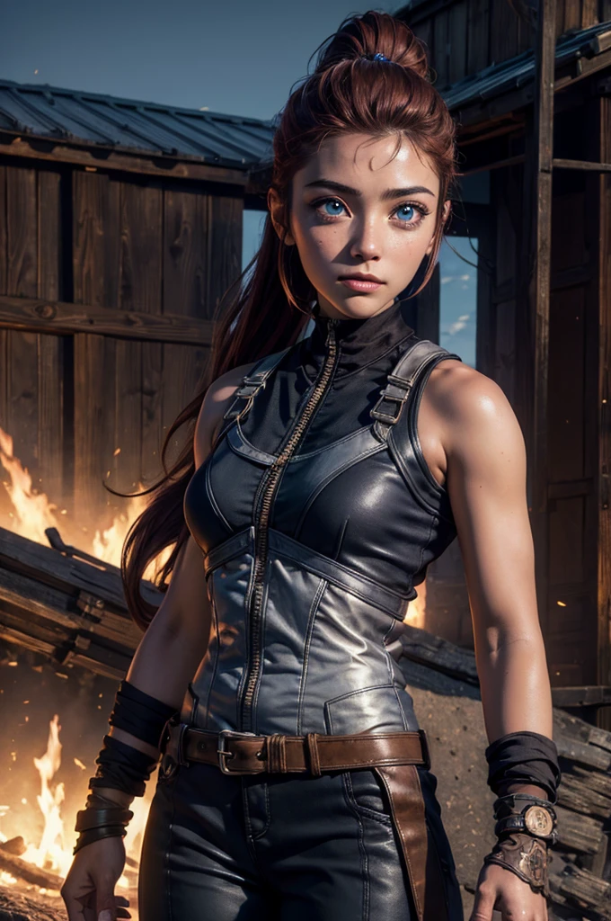(masterpiece, best quality:1.4), (full body:1.5), (standing:1.2), 1girl, solo, (olive skin, European girl), jessie rasberry, headband, armor, blue bodysuit, belt, fingerless gloves, green pants, boots, full body, looking at viewer, sexy smile, beautiful face, highly detailed face, highly detailed olive colored skin, skin pores, in a metallurgy fabric, subsurface scattering, realistic pupils, small breast, full face blush, full lips, detailed background, depth of field, volumetric lighting, sharp focus, realistic proportions, good anatomy, (realistic, hyperrealistic:1.4)