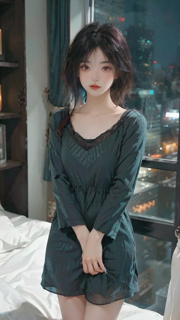 ((High quality, 8k, perfect quality, realistic)), beautiful, perfect face, gazing out the window, nighttime, ((dark room)), Before sleeping, restless, short nightgown, staring at the window, city night view, hair color black and cyan, night city