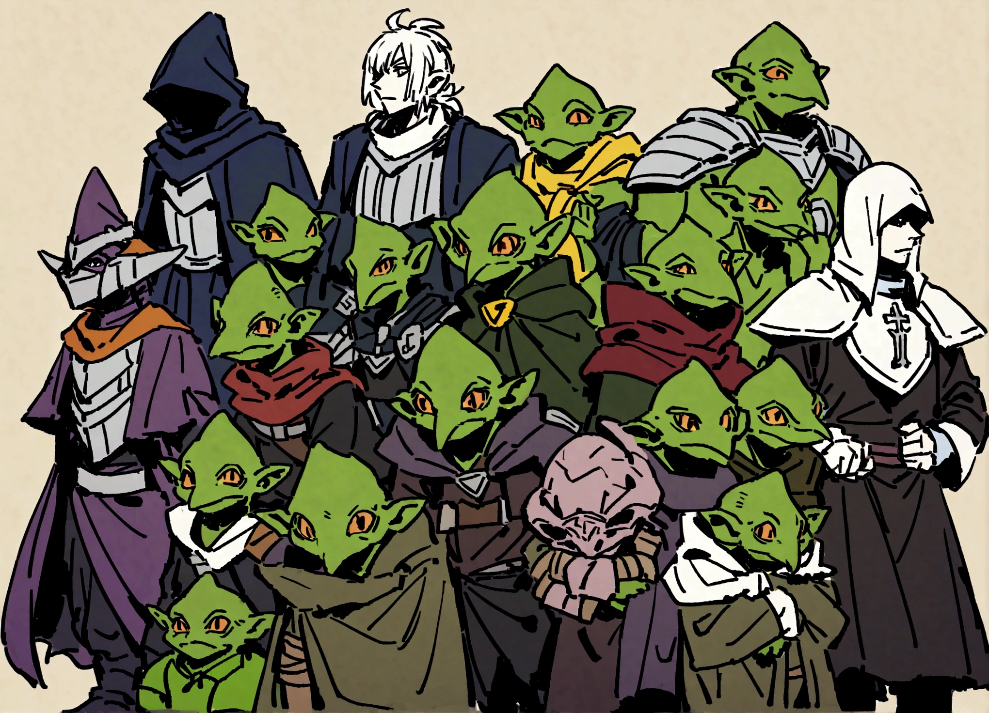 A squad of elite goblins that worship a goblin sized toad, (the squad has a fighter, cleric, wizard, and thief all of them are evil, cowardly, and dressed in garbage versions of heroic armor)
